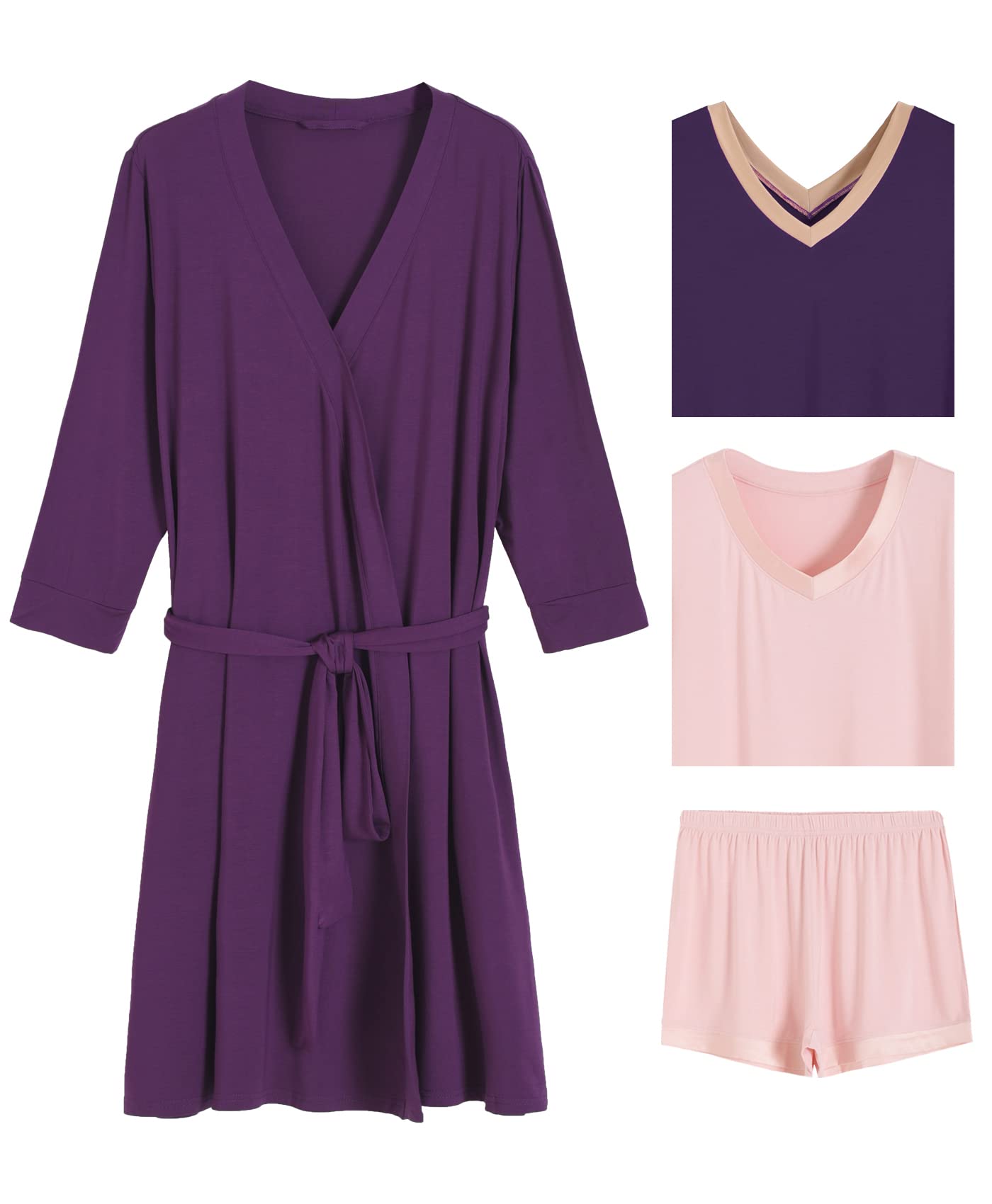 Women's 4-Piece Bamboo Viscose Pajama Set with Nightgown & Robe - Soft Sleepwear for Comfortable Nights & Relaxing at Home