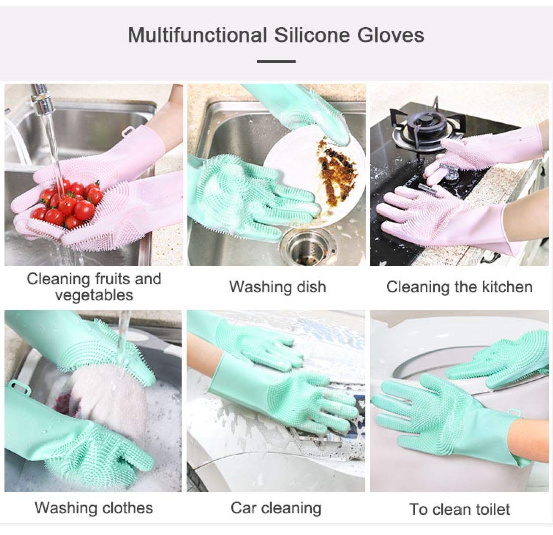 Heat Resistant Reusable Silicone Cleaning Gloves with Scrubber - Dish Washing, Car Cleaning, Pet Hair Removal - 1 Pair Multicolor (Perfect for Kitchen, Bathroom & Outdoor Use)