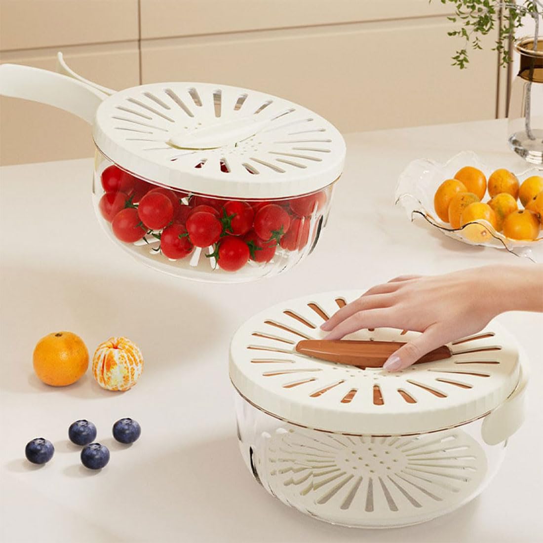Raidley 2-in-1 Draining Basket & Vegetable Washing Bowl with Strainer - Multifunctional Fruit & Veggie Storage Container for Refrigerator (Brown) - Perfect for Kitchen, Salad Prep & Healthy Food Storage
