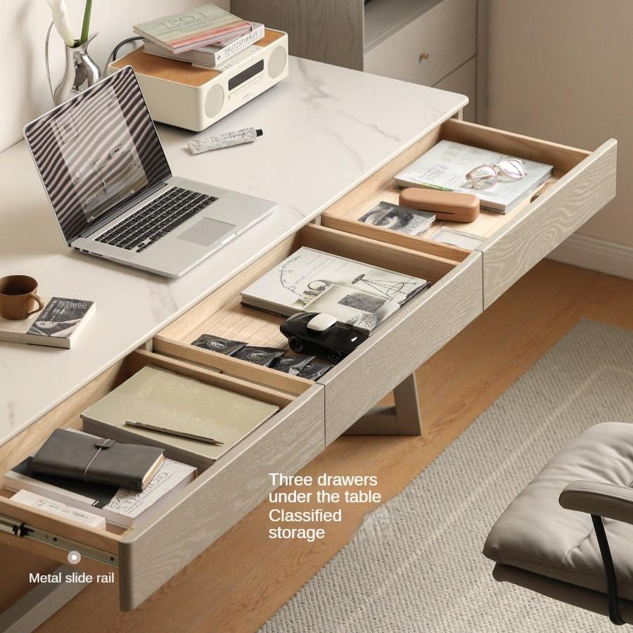 Solid Oak Wood Desk with Drawer - Warm & Elegant Writing Table for Home Office, Study Room or Library - Durable Wooden Workstation for Professionals & Students