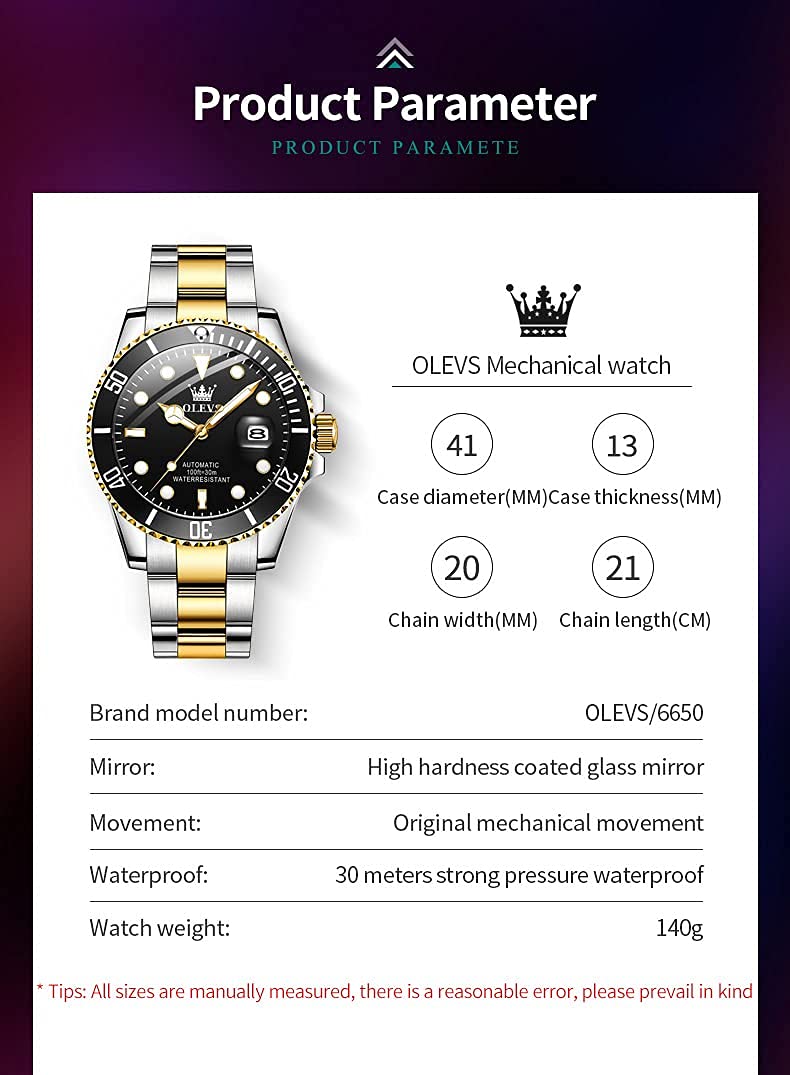 OLEVS Men's Automatic Self-Winding Mechanical Watch - Gold/Silver Stainless Steel Luxury Dress Watch with Big Face, Date Window, Waterproof & Luminous Rotating Bezel - Perfect for Business, Formal Events & Everyday Wear