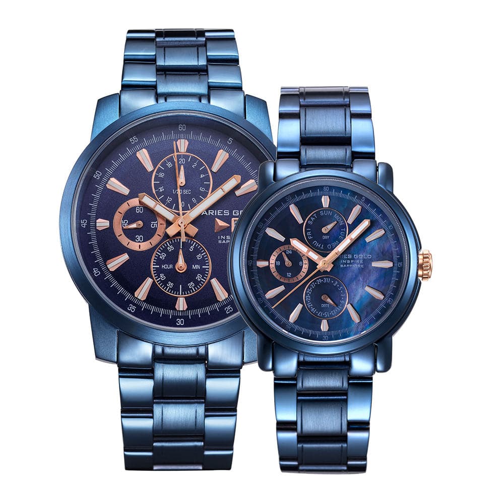 ARIES GOLD INSPIRE CONTENDER G 7301 & B 7302 Luxury Couple's Watches Set - Burgundy Stainless Steel - Perfect for Anniversaries, Weddings, and Romantic Gifts