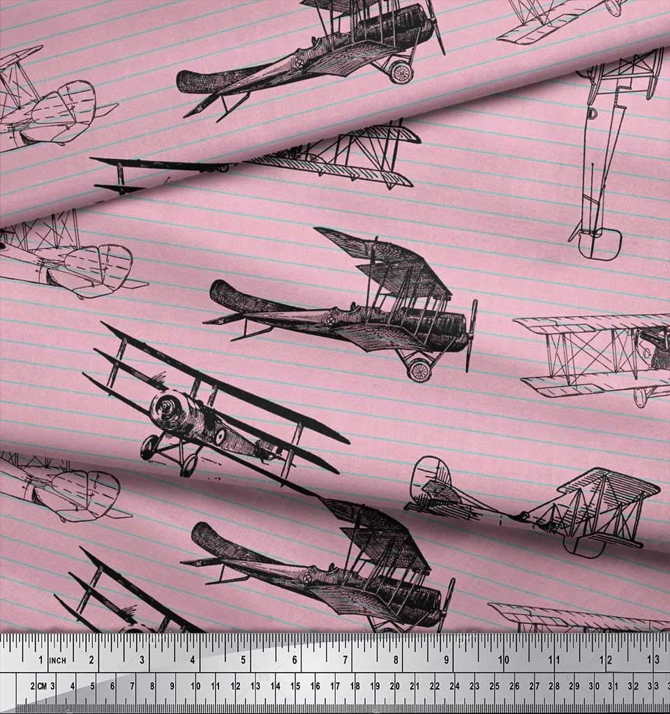 Soimoi Moss Georgette Brown Fabric by The Yard - 42 Inch Wide Stripe & Airplane Print Fabric - Lightweight Draping Material for Dresses, Scarves & Home Decor - Aviation Inspired Contemporary Design
