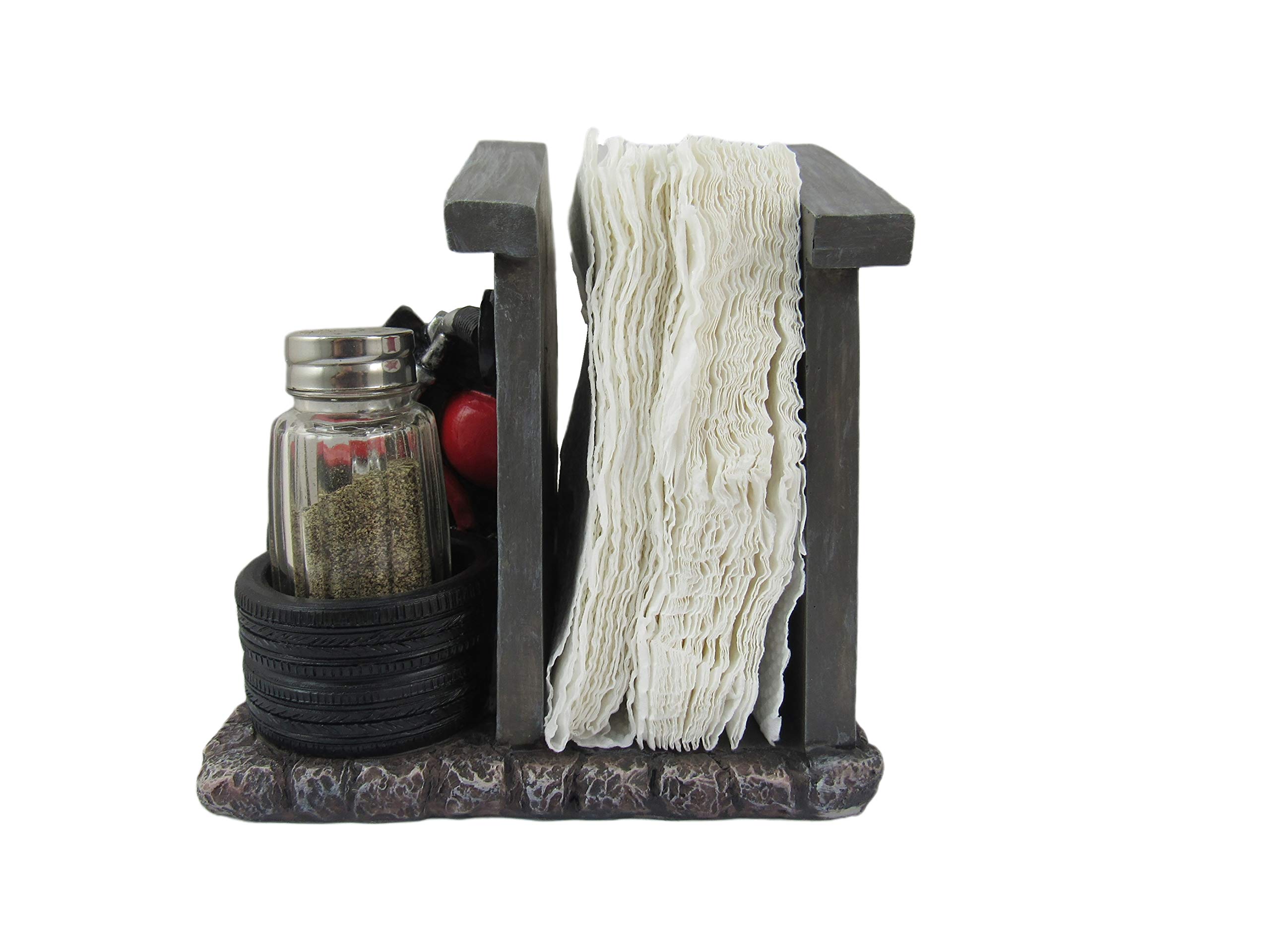 DWK 'Cycle Service' Motorcycle-Themed Napkin Holder & Salt & Pepper Shaker Set - 3-Piece Kitchen Table Decor for Biker Enthusiasts | Perfect for Motorcycle-Themed Parties, Man Caves & Roadhouse Restaurants