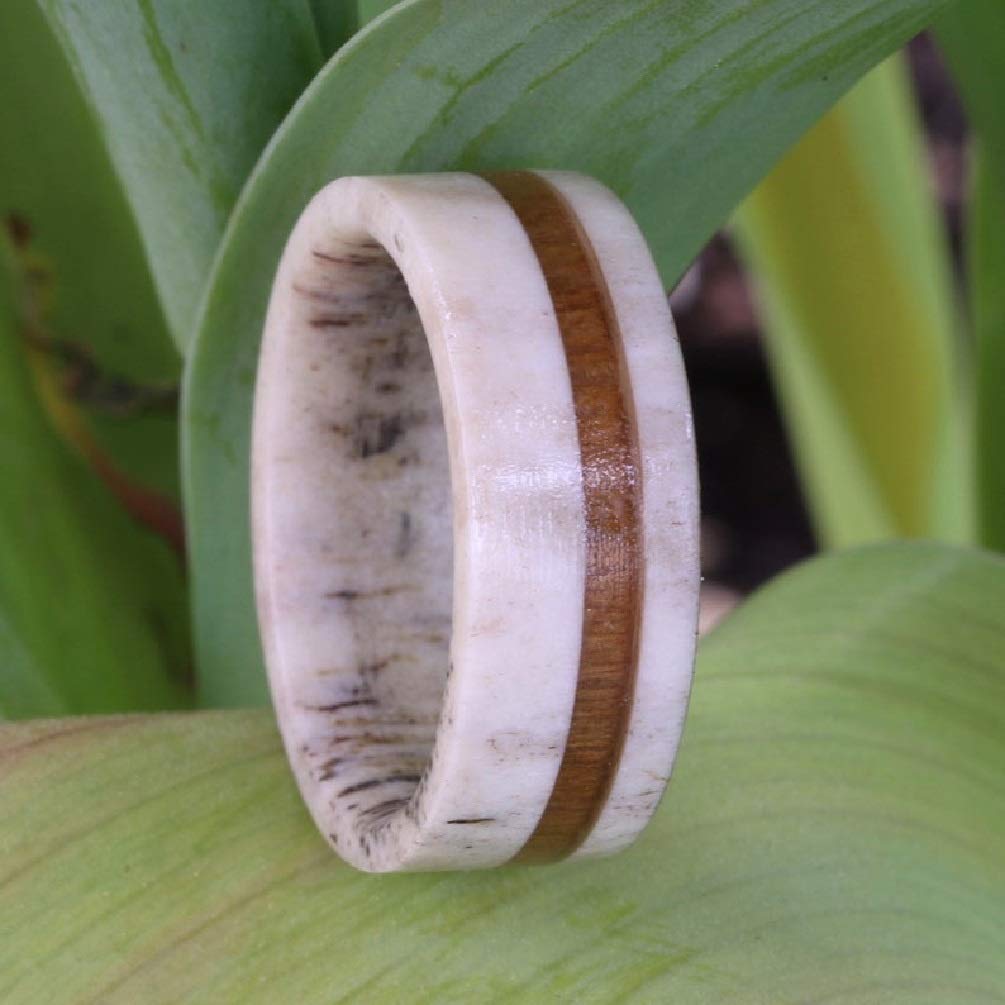 Pure Deer Antler Ring for Men & Women - Handcrafted Brown & Grey Deer Antler Wedding Band with Koa Wood Inlay - Unique Wooden Rings for Outdoor Enthusiasts & Nature Lovers - Perfect for Camping, Hiking & Rustic Weddings