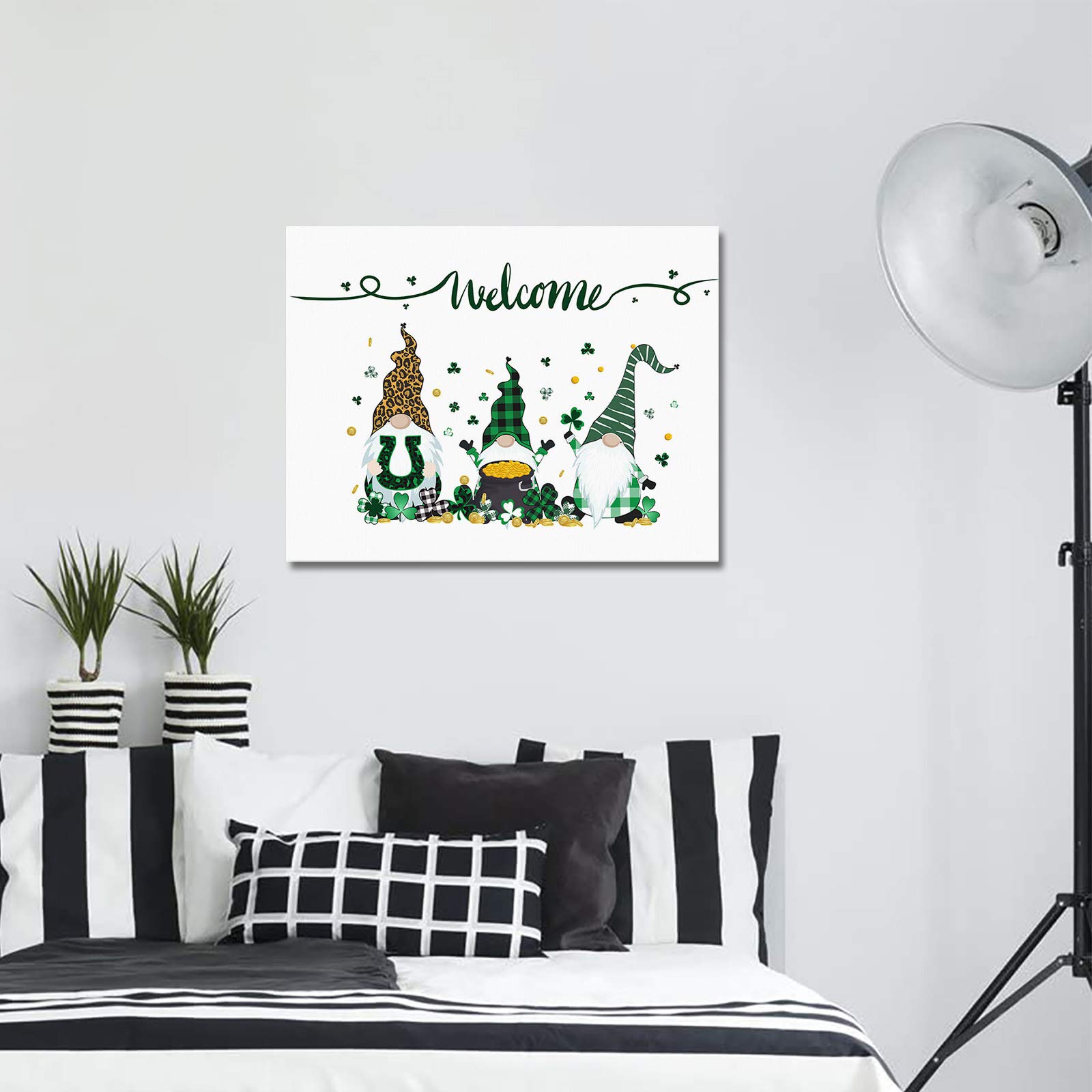 T&H XHome St. Patrick's Day Gnome Wall Art - 12x16 Inch Framed Canvas Oil Painting with Clover Design, Modern Home Decor for Bathroom, Nursery, Office, Living Room & Bedroom | Perfect for Irish-Themed Parties & Holiday Decorations