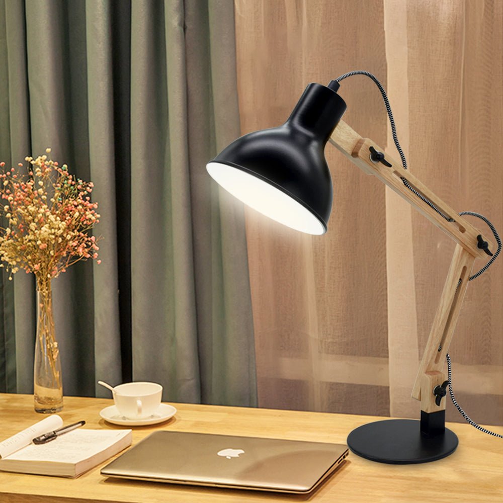 Depuley Adjustable Wood Swing Arm Desk Lamp - Modern Architect Multi-Joint Gooseneck Table Light with Black Metal Shade (Bulb Included) | Perfect for Reading, Working, Studying in Home Office, Bedroom or College Dorm