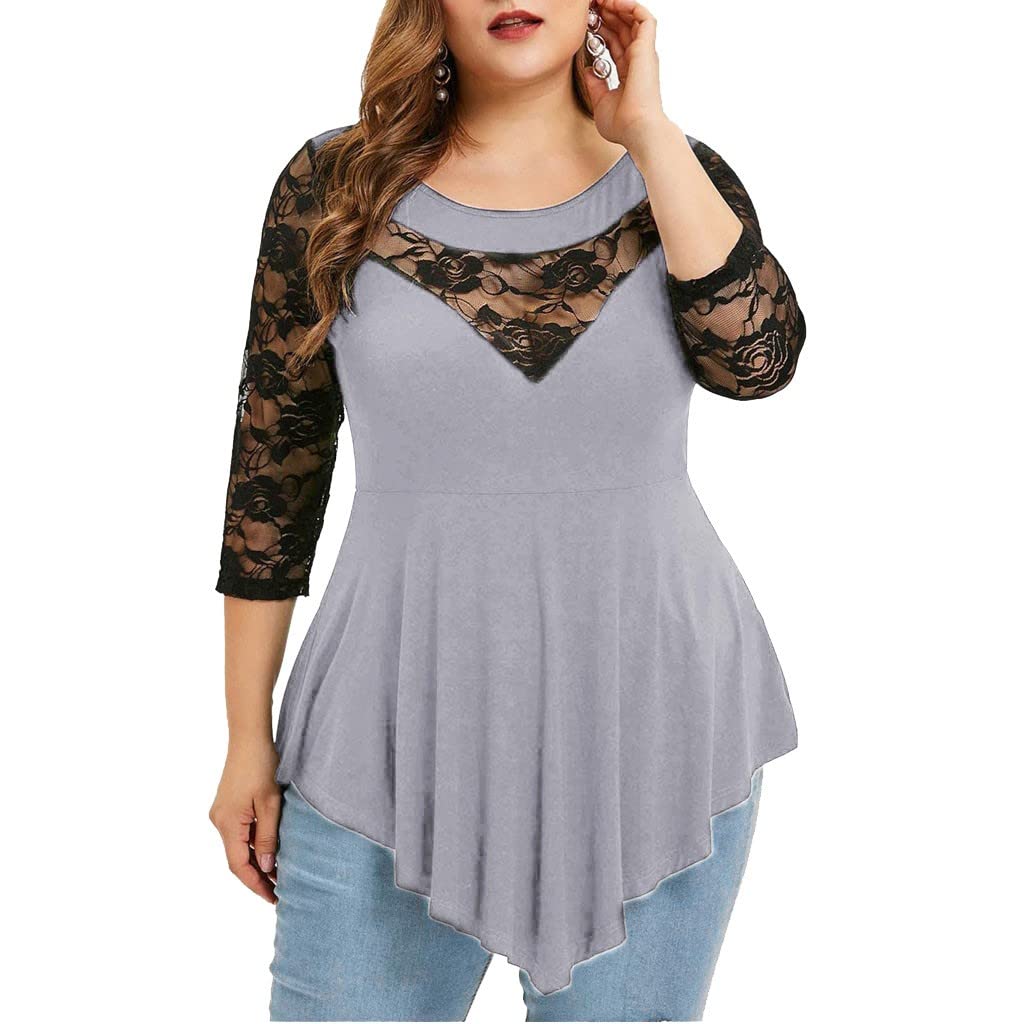 Plus Size Women's Asymmetric Lace O-Neck Blouse - Floral Quarter Sleeve Tops for Fall | Elegant Office Wear & Casual Outfits