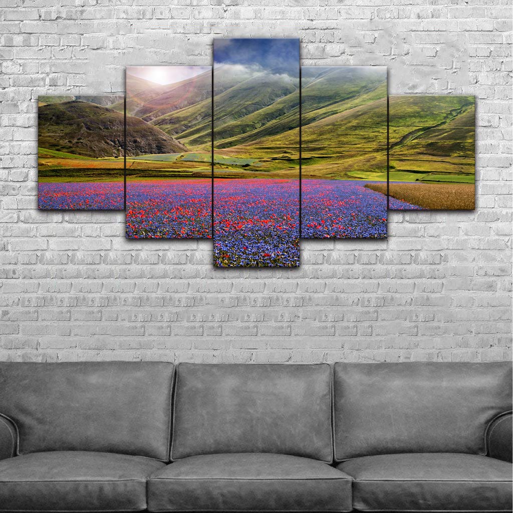 AMEMNY 5 Panel Purple Flowers Wall Art - Sunset Landscape Canvas Painting - Stretched & Framed Ready to Hang - Scenery Flower Picture for Living Room, Bedroom, Bathroom Decor | Perfect for Home, Office & Gift Giving