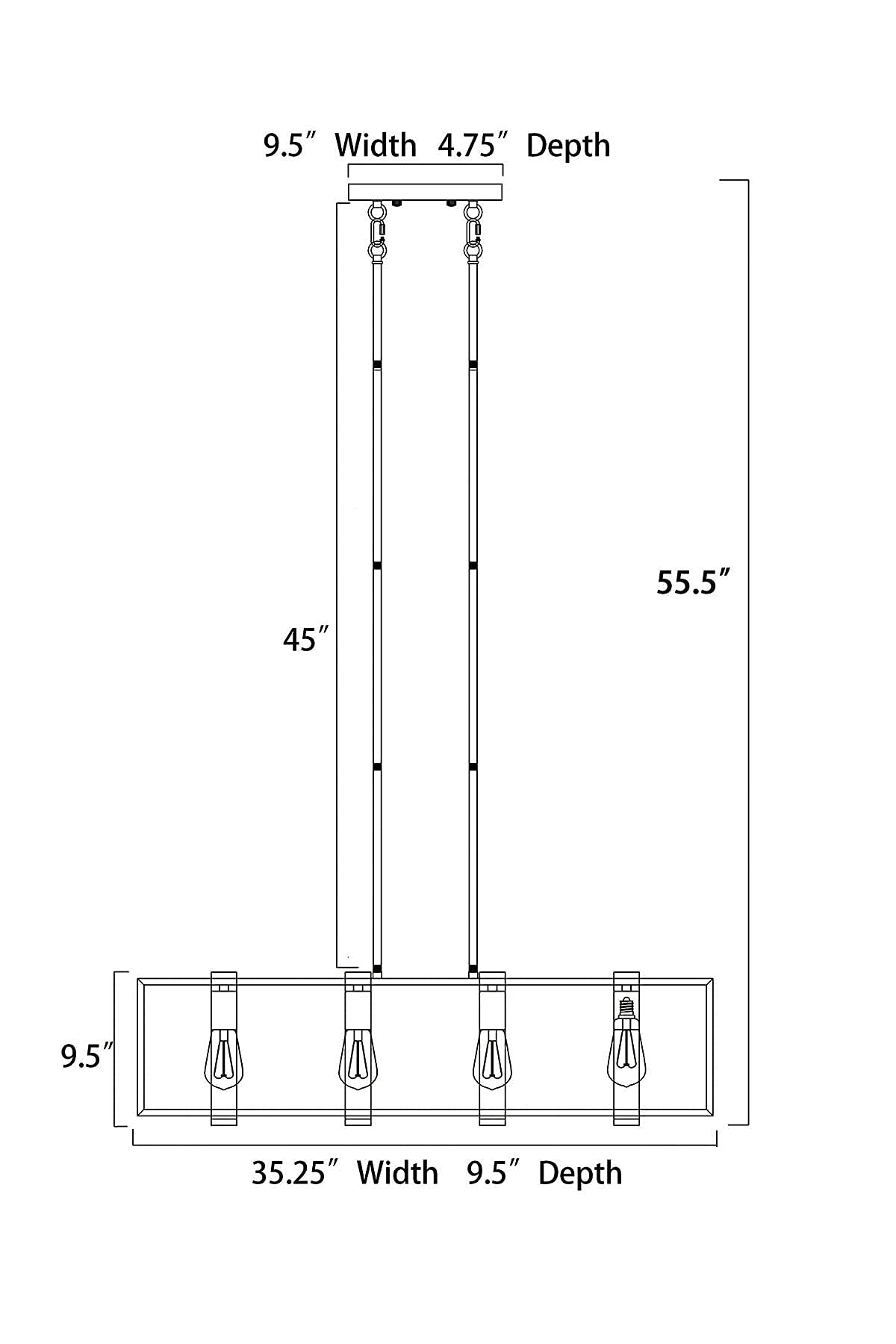 Modern 4-Light Matte Black & Wood Linear Chandelier with Exposed Edison Bulbs - Farmhouse Dining Room Lighting for Kitchen Island, Entryway, or Living Room