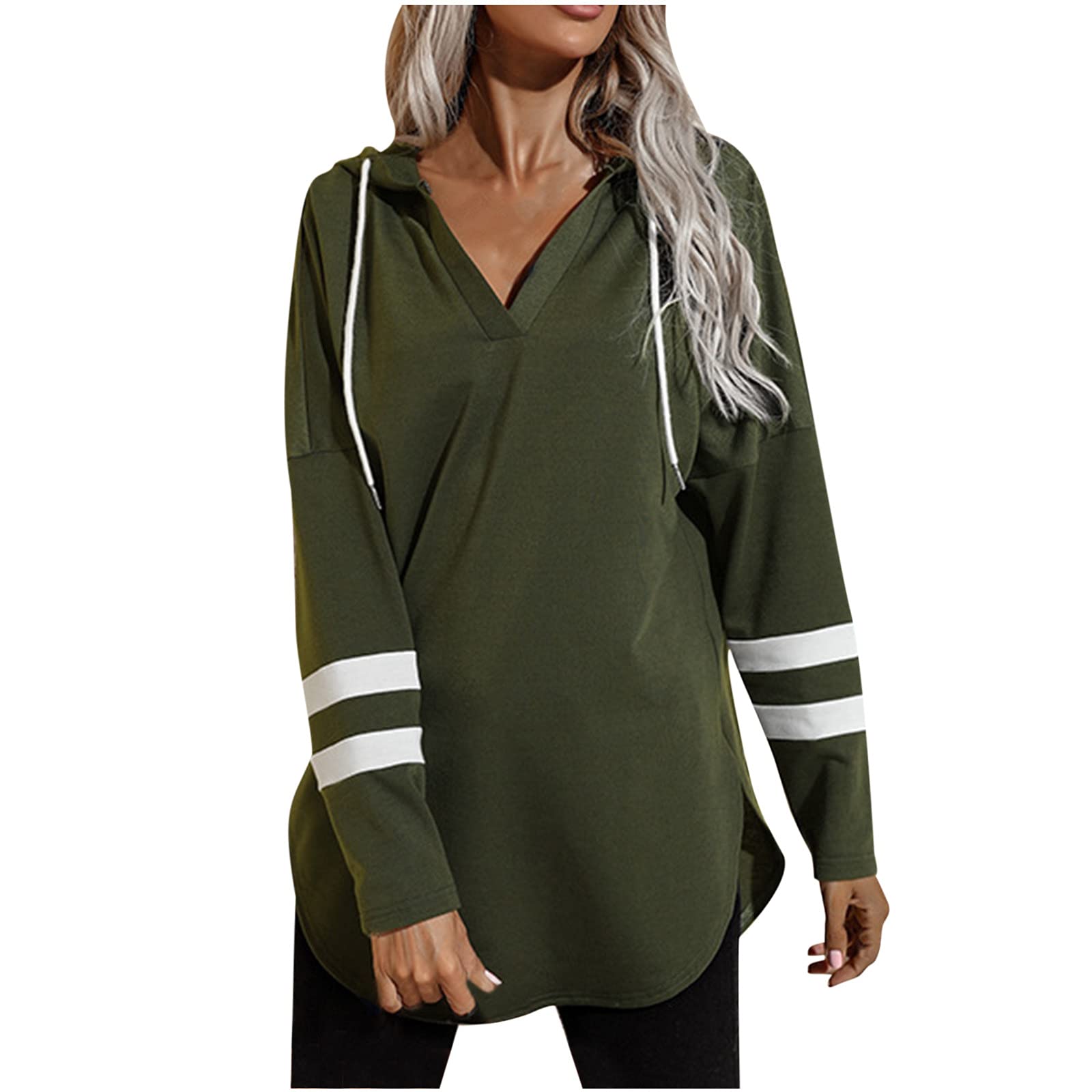 Women's Fashion Tops - Striped Long Sleeve Shirt & Loose Drawstring Hoodie Sweatshirt Set | V-Neck Casual Wear for Everyday, Work & Outfits