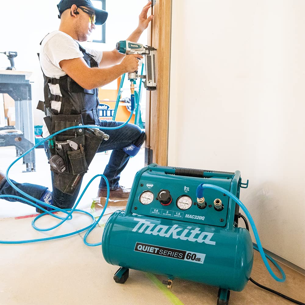 Makita MAC320Q Quiet Series 1.5 HP 3 Gallon Oil-Free Electric Air Compressor - Powerful & Portable for Home DIY, Woodworking, and Inflating Tires