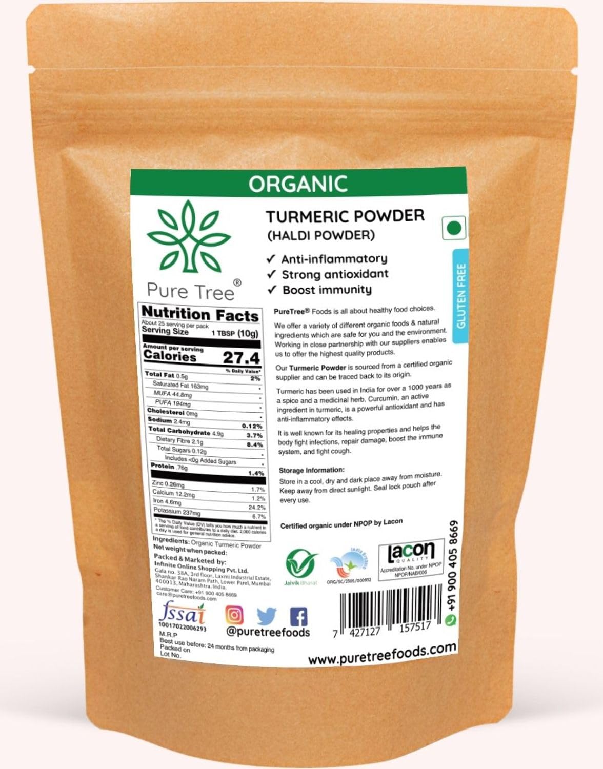 Pure Tree Certified Organic Turmeric Powder (Haldi) - 250g | USDA Organic Spice for Cooking, Golden Milk & Wellness | Strong Antioxidant for Healthy Lifestyle