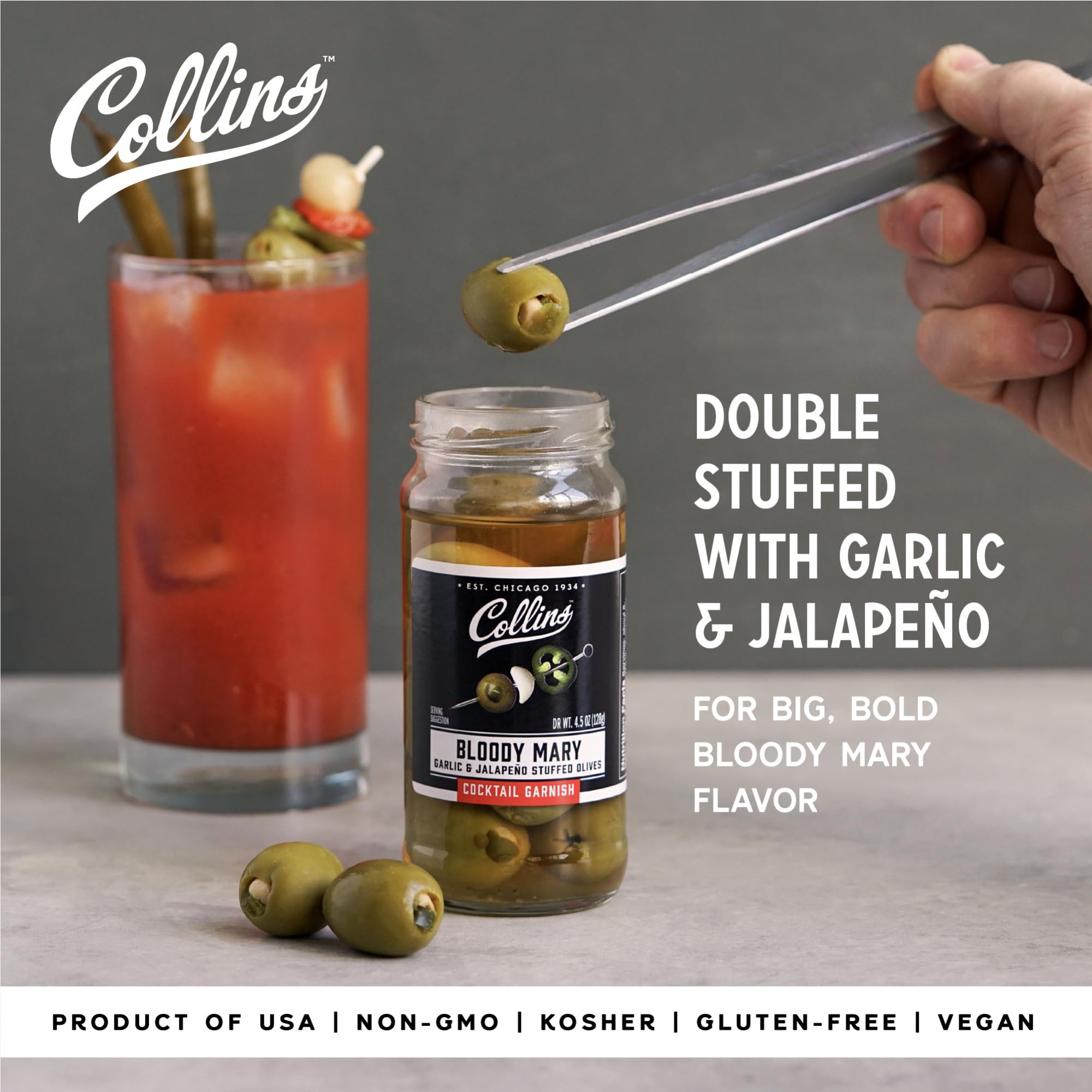 Collins Jalapeno Garlic Stuffed Cocktail Olives 4.5oz - Premium Gourmet Martini & Bloody Mary Garnish - Spicy Jalapeño & Garlic Flavored Olives for Cocktails, Charcuterie Boards & Party Snacks