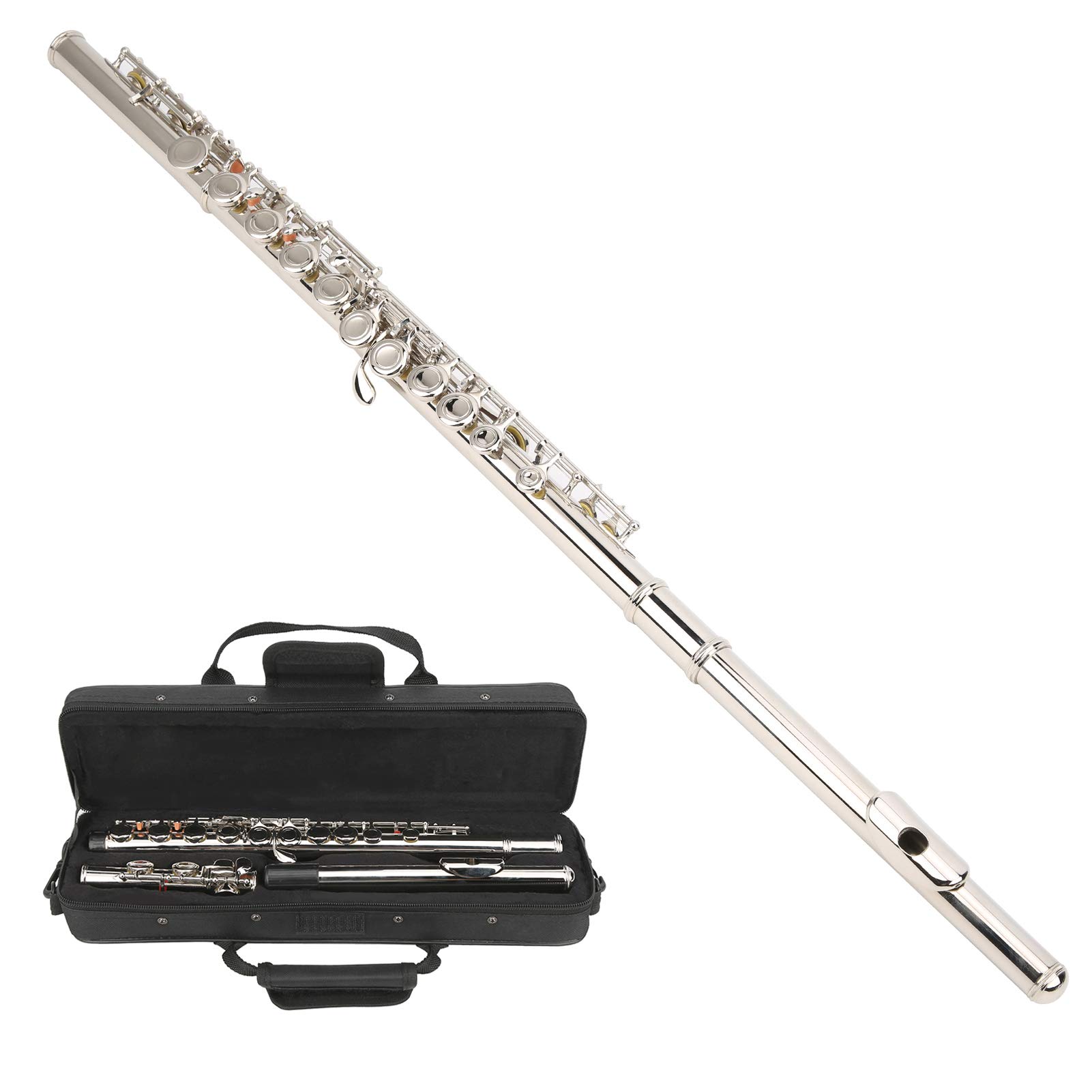 16 Hole C Key Flute - Closed Hole Brass Flute for Beginners with Storage Bag & Cleaning Stick (Silver) | Enhanced Tube Resonance for Clear Sound | Perfect for School Bands, Music Lessons & Home Practice