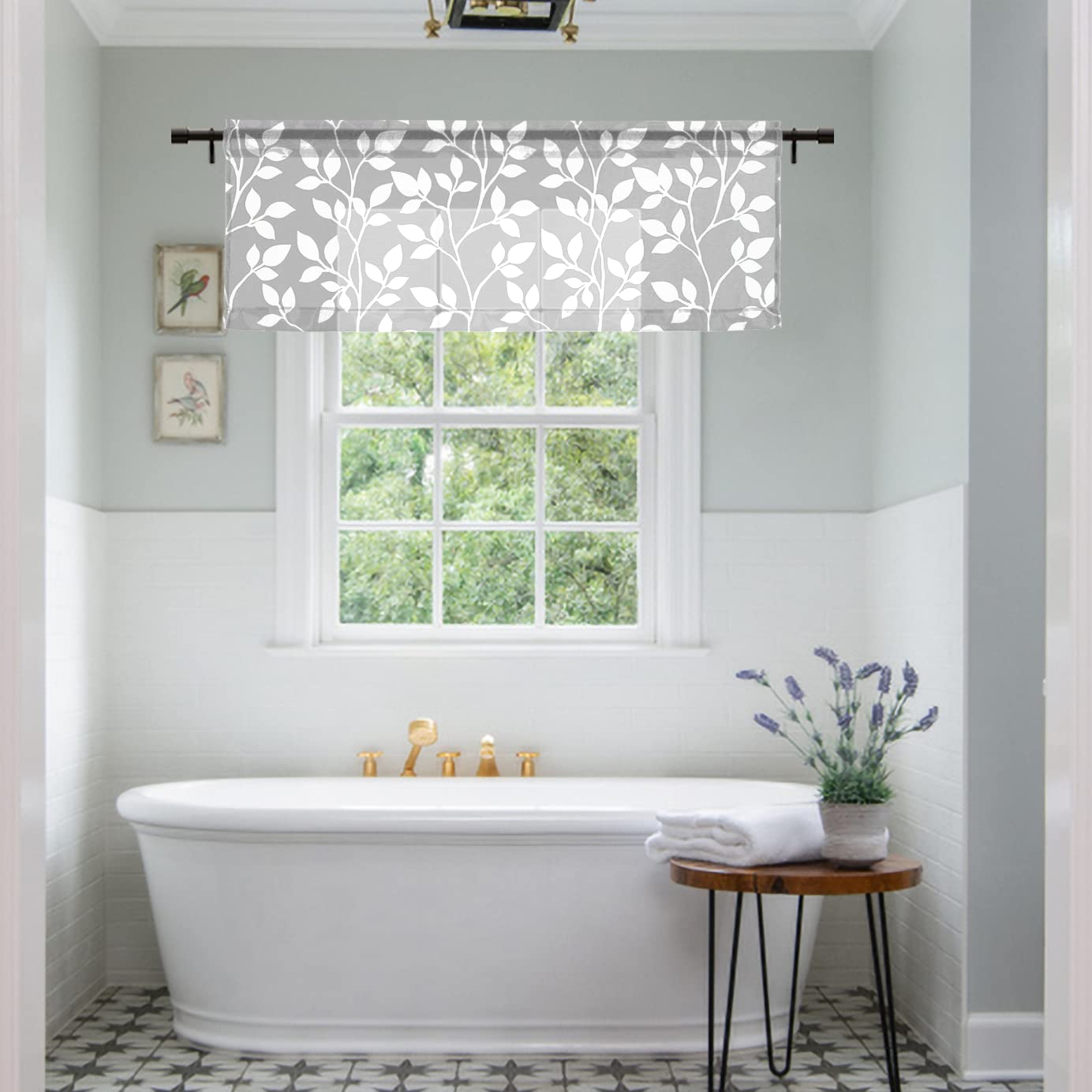 XTMYI 18 Inch Sheer Kitchen Curtain Valances Set - Tropical Leaf Design Rod Pocket Window Toppers for Living Room, Bedroom, Bathroom (Light Gray/White, Valance Only, 1 Pack) - Perfect for Small Windows & Coastal Decor