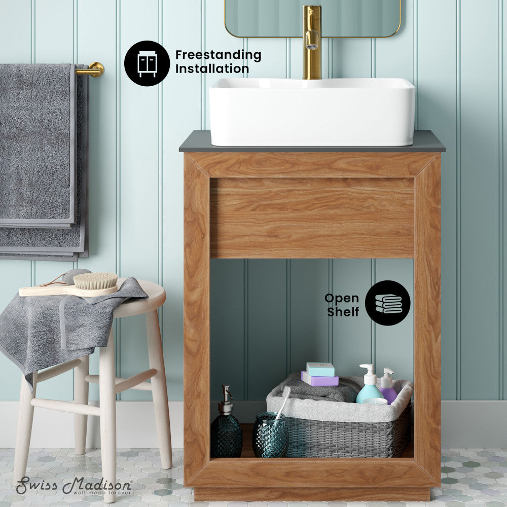 Reclaimed Wood Bathroom Vanity with Slate Countertop & Single Hole Vessel Sink - Natural Teak Finish for Rustic Farmhouse Style - Perfect for Master Bath, Guest Bath & Small Space Remodels