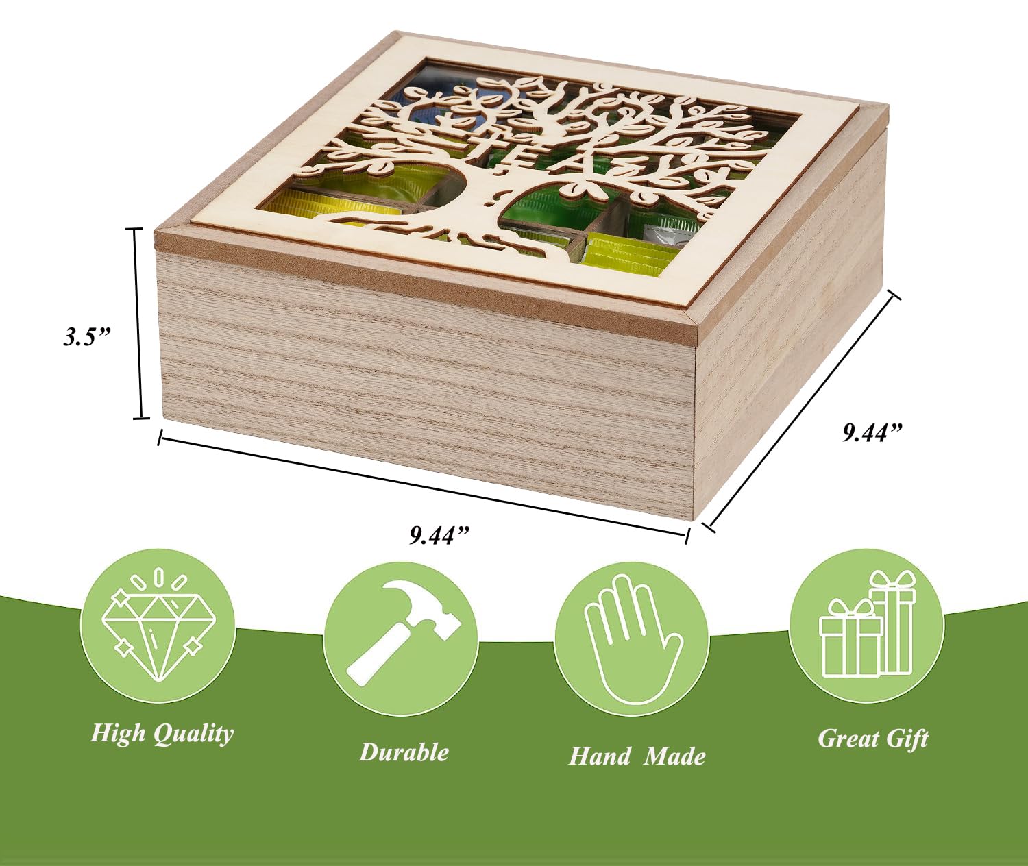 Premium Wooden Tea Box Organizer - Tea Bag Holder & Storage for Loose Leaf & Tea Bags | Perfect for Kitchen Countertop, Office Desk & Gift Giving