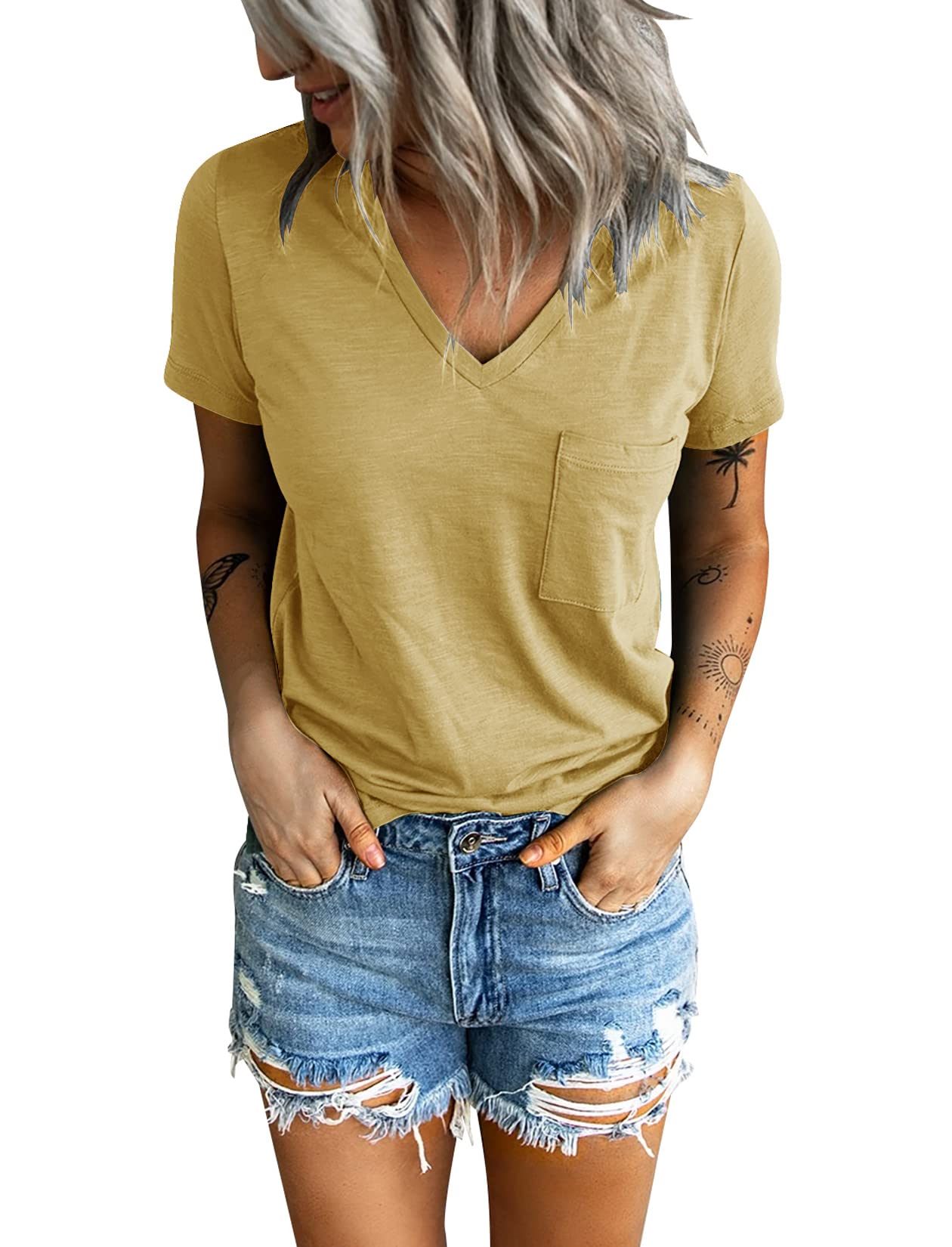 Sunborui Women's Summer Short Sleeve V-Neck T-Shirt with Pocket - Soft Cotton Casual Loose Fit Tee for Everyday Wear, Outings & Vacation