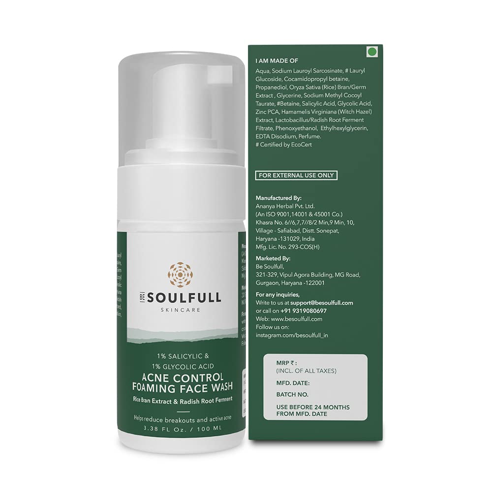 BE SOULFULL Acne Foaming Face Wash with 1% Salicylic Acid & Glycolic Acid - Oil Control & Exfoliating Daily Face Wash for Acne Prone Skin - Reduces Pores & Dead Skin Cells - 100ml - Perfect for Morning & Night Skincare Routine