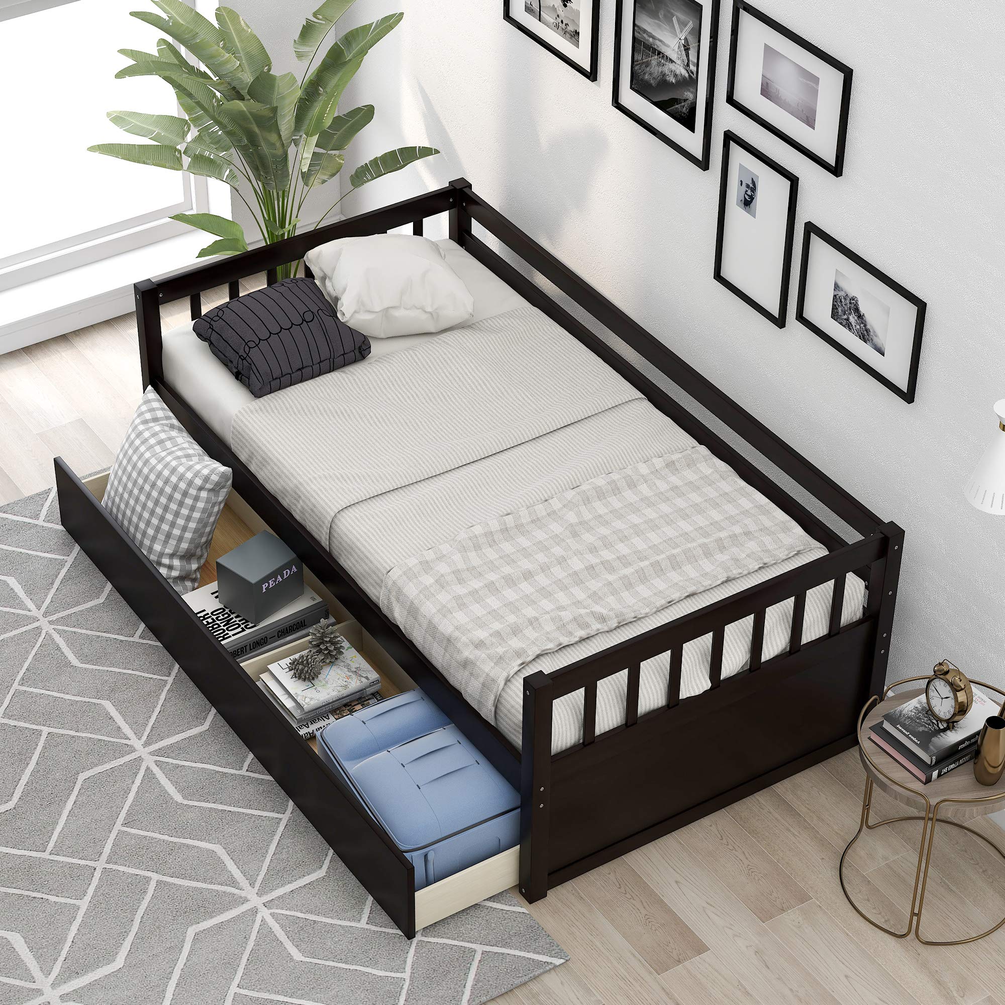 Twin Size Wooden Daybed with 2 Built-in Drawers - Sturdy Sofa Bed for Kids, Teens & Adults - No Box Spring Needed - Espresso Finish - Perfect for Bedrooms, Living Rooms & Guest Rooms