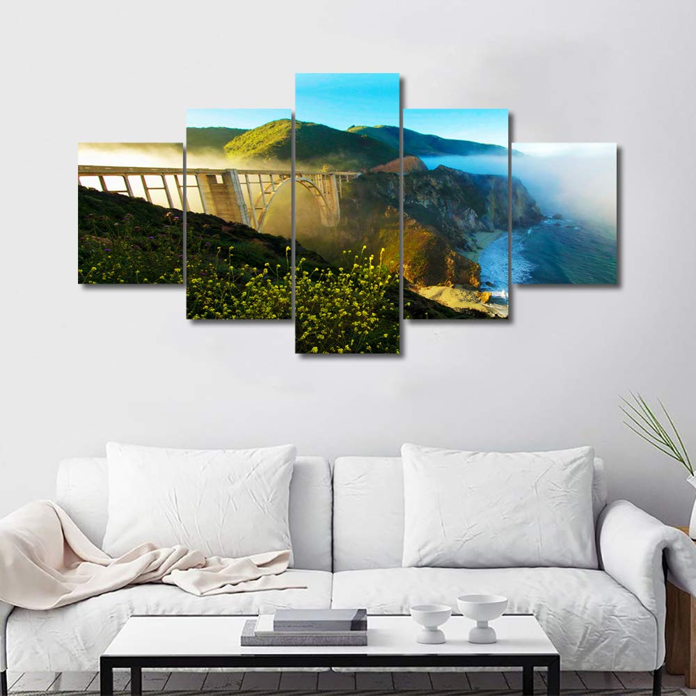TUMOVO 5-Piece Framed Canvas Wall Art - Beautiful California Coastal Seascape with Bridge View, Ready to Hang for Living Room, Bedroom & Home Office Decor | Perfect for Coastal & Modern Interior Design