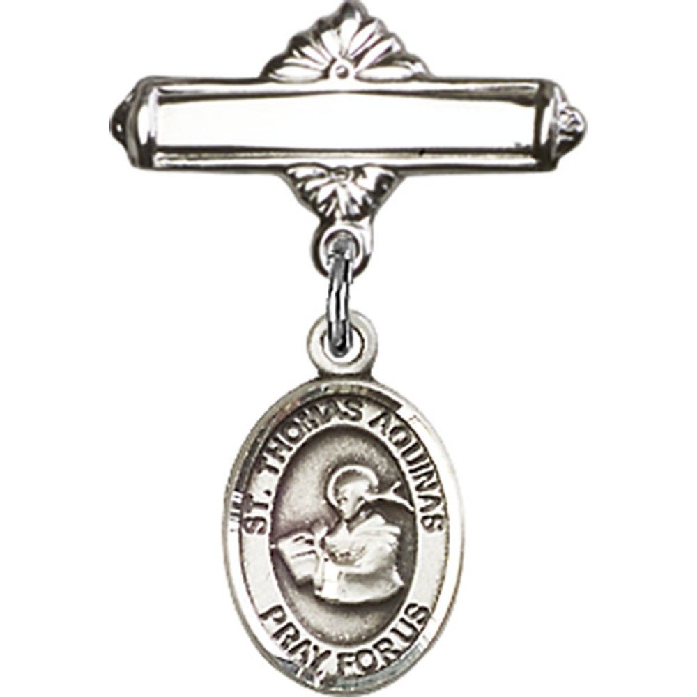 St. Thomas Aquinas Sterling Silver Baby Badge - 1 X 5/8 Inch Polished Charm Pin for Christening, Baptism & First Communion Gifts - Religious Jewelry for Infants & Toddlers