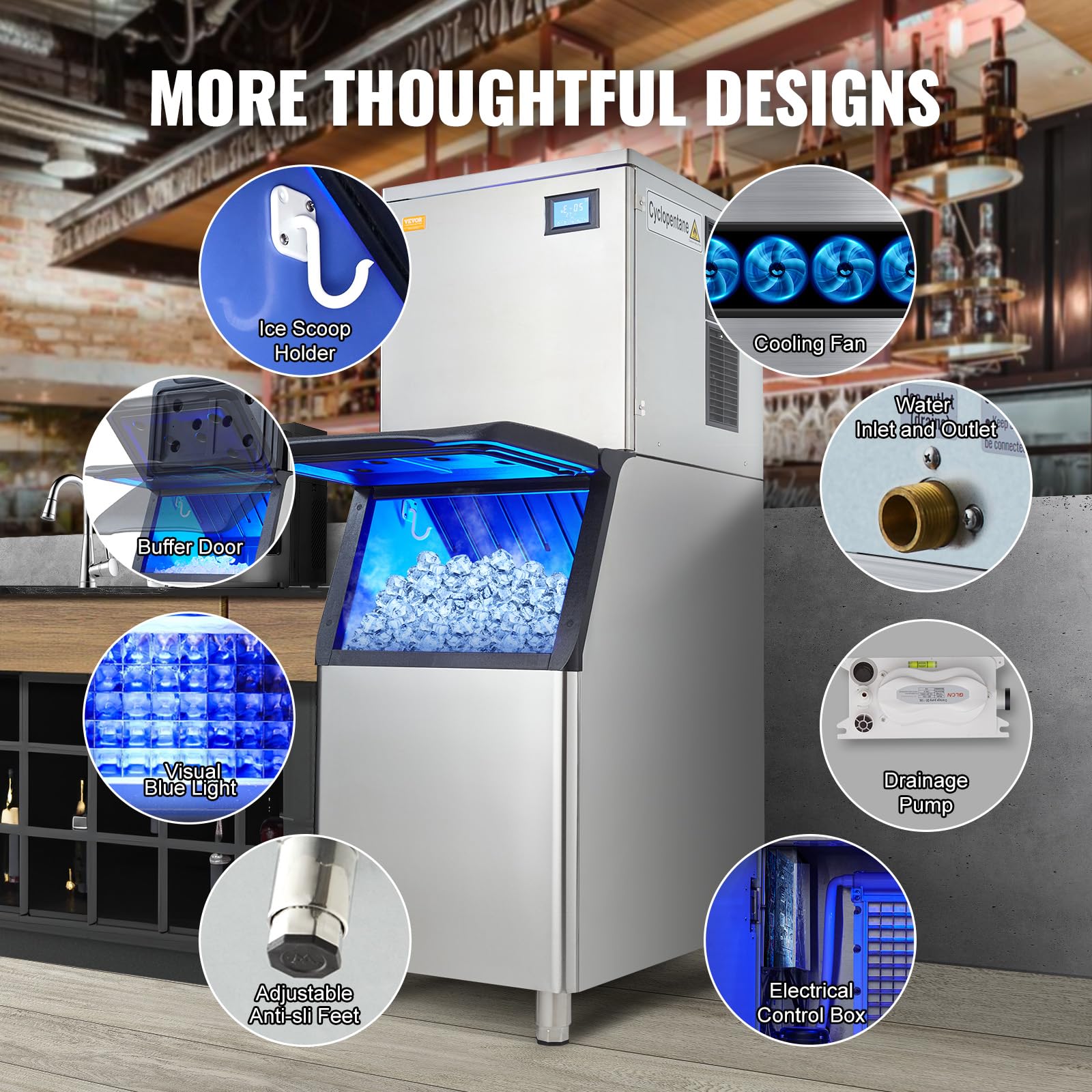 VEVOR Commercial Ice Maker Machine 450LBS/24H with 330.7LBS Storage Bin, 1000W Self-Cleaning Ice Machine with 3.5