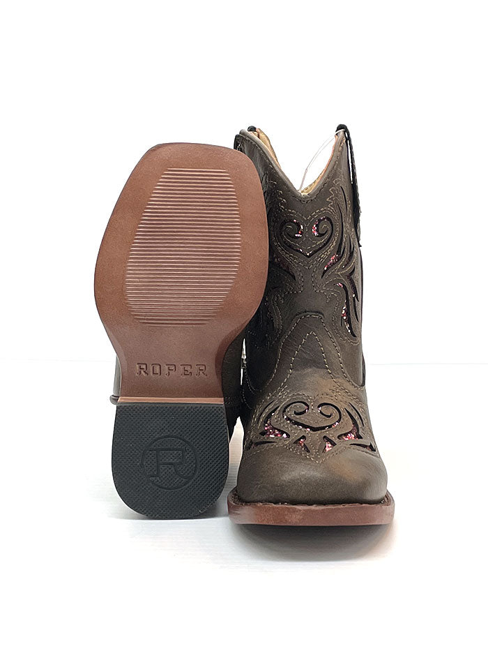 Roper 09 017 1901 2015 Toddler Girls' Glitter Breeze Square Toe Western Cowboy Boots - Brown Leather Booties for Kids - Perfect for Rodeo, Dance & Western Fashion