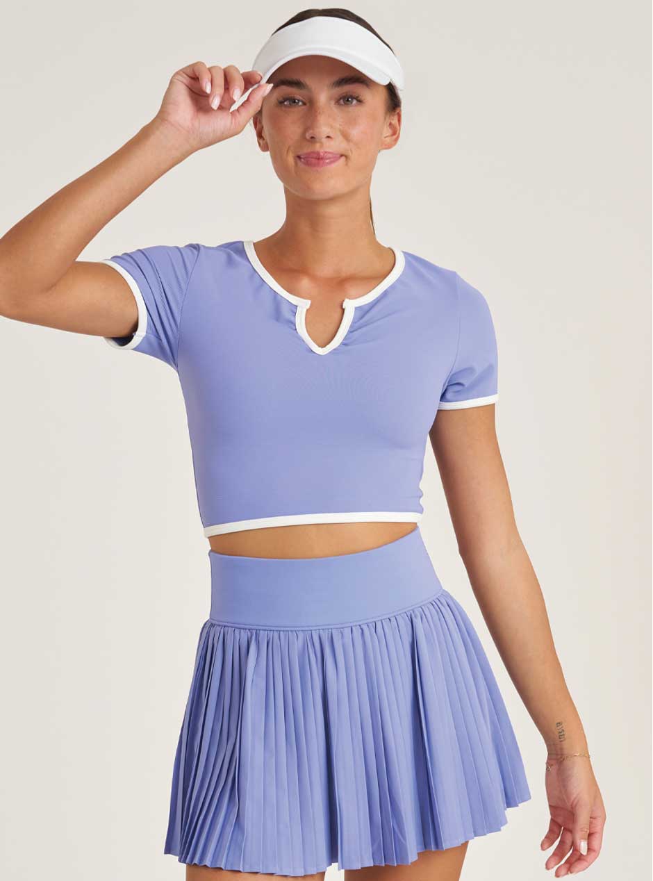 Thrive Société Women's Refine Notch Neck Cropped Tee - Wild Indigo Blue | Casual Short Sleeve T-Shirt for Women | Perfect for Everyday Wear, Outings & Layering