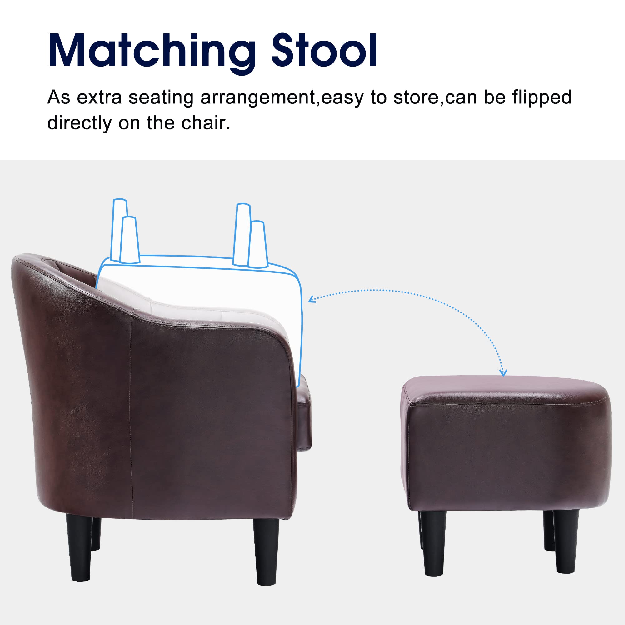MCombo Brown Faux Leather Accent Chair with Ottoman - Barrel Club Armchair for Living Room, Small Space & Corner - Perfect for Reading Nook, Home Office & Lounge Areas (Model 4022)