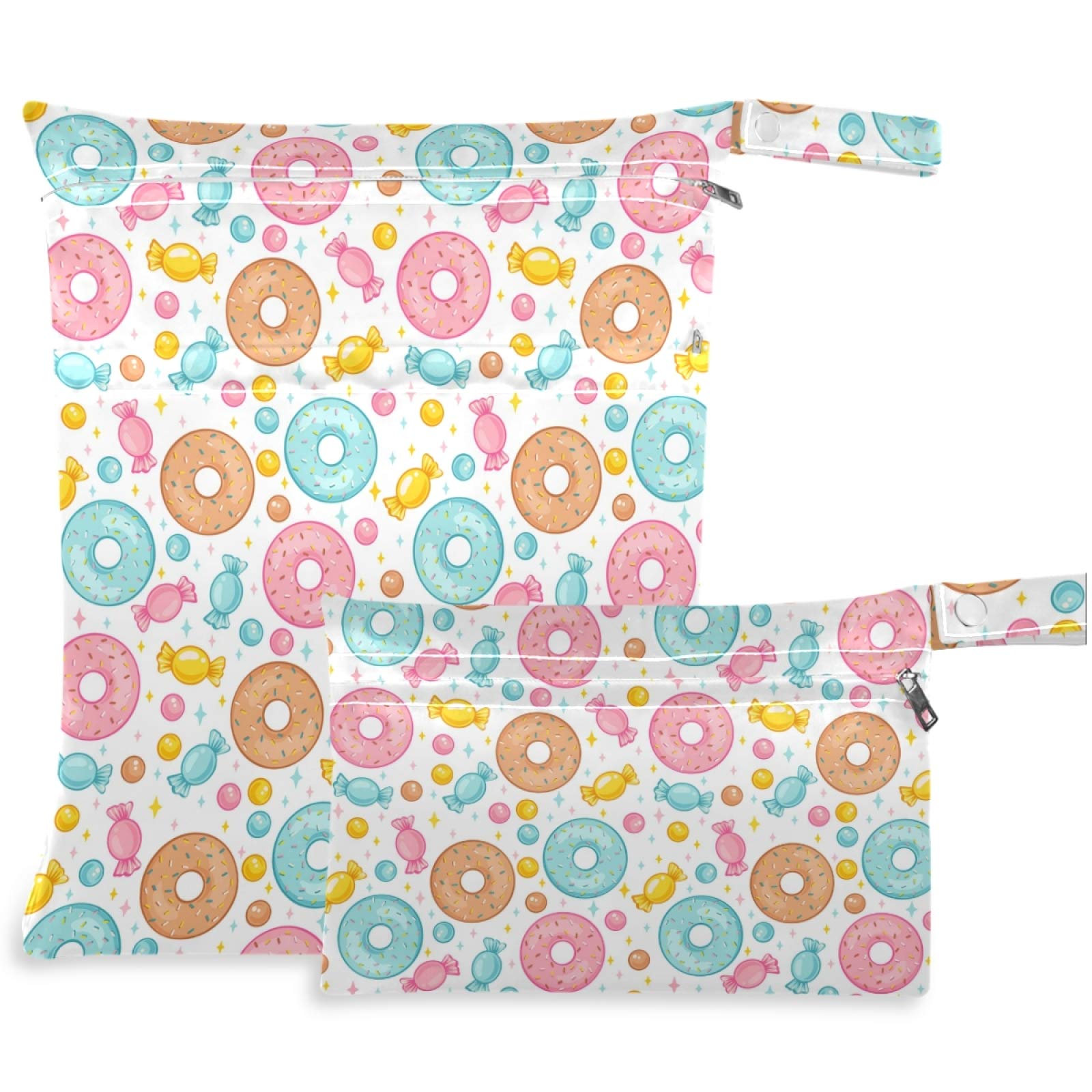 Visesunny 2-Pack Colorful Donut Print Wet Bags with Zippered Pockets - Reusable & Washable Waterproof Storage for Swimsuits, Gym Clothes, Diapers - Perfect for Travel, Beach, Pool, Daycare, Stroller & Toiletries Organization