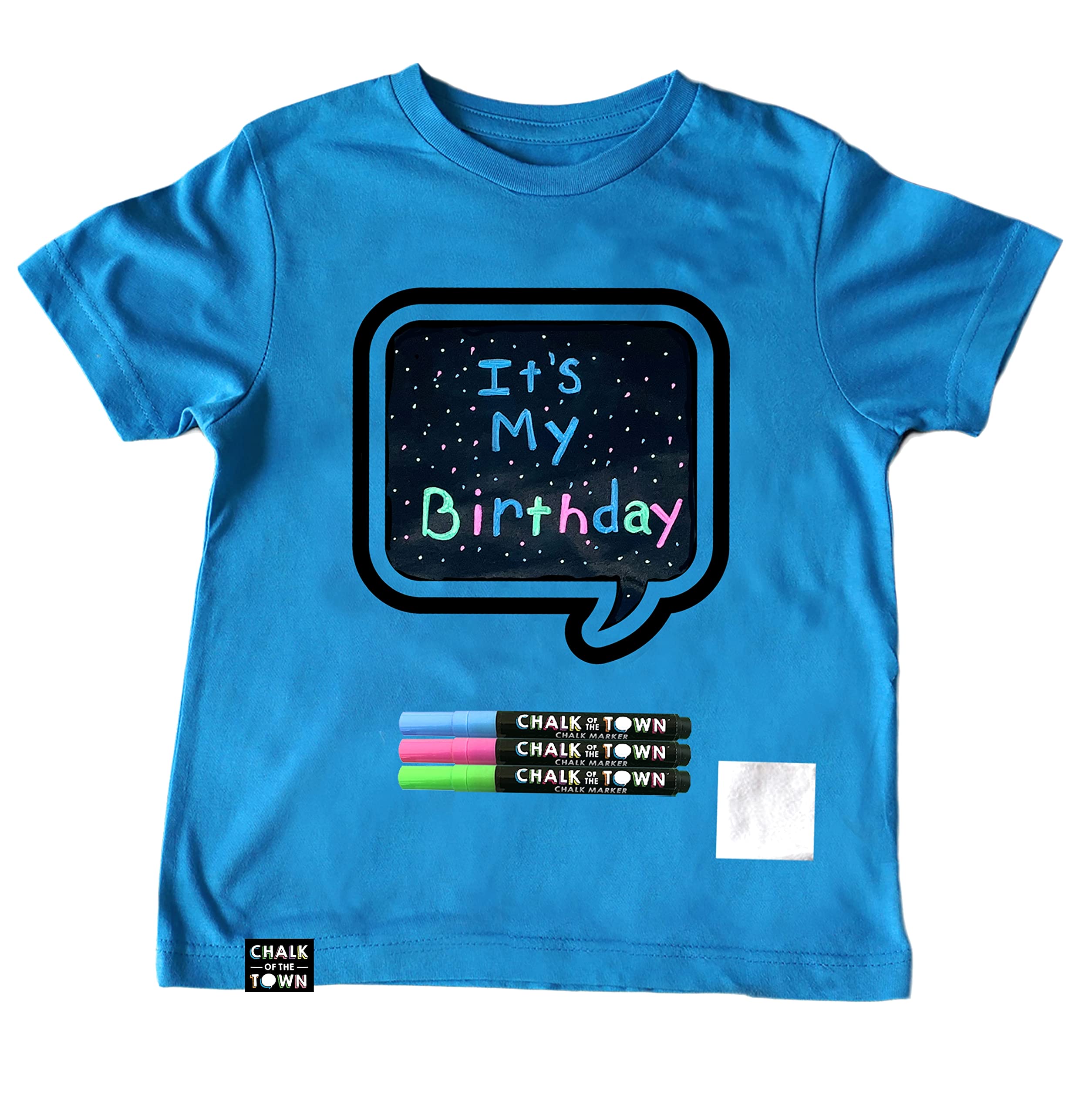 Kids Blue Speech Bubble Chalkboard T-Shirt Kit with 3 Washable Markers & Stencil - Youth XS | Fun DIY Craft & Back to School Activity