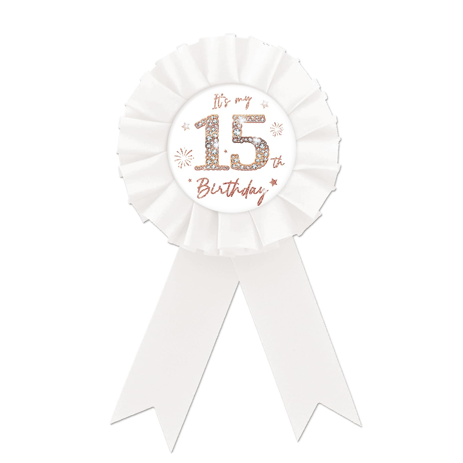 15th Birthday Tinplate Badge Pin - Rose Gold & White Rosette Birthday Button for Teen Girls - Diamond Brooch Pin for Sweet 15 Party, Quinceañera, Birthday Celebrations & Special Occasions