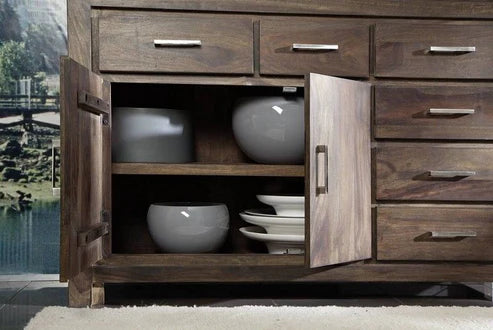 Gfine Solid Sheesham Wood Sideboard - 2 Doors & 6 Drawers, 150x45x88cm - Perfect for Living Room, Dining Room & Hallway Storage