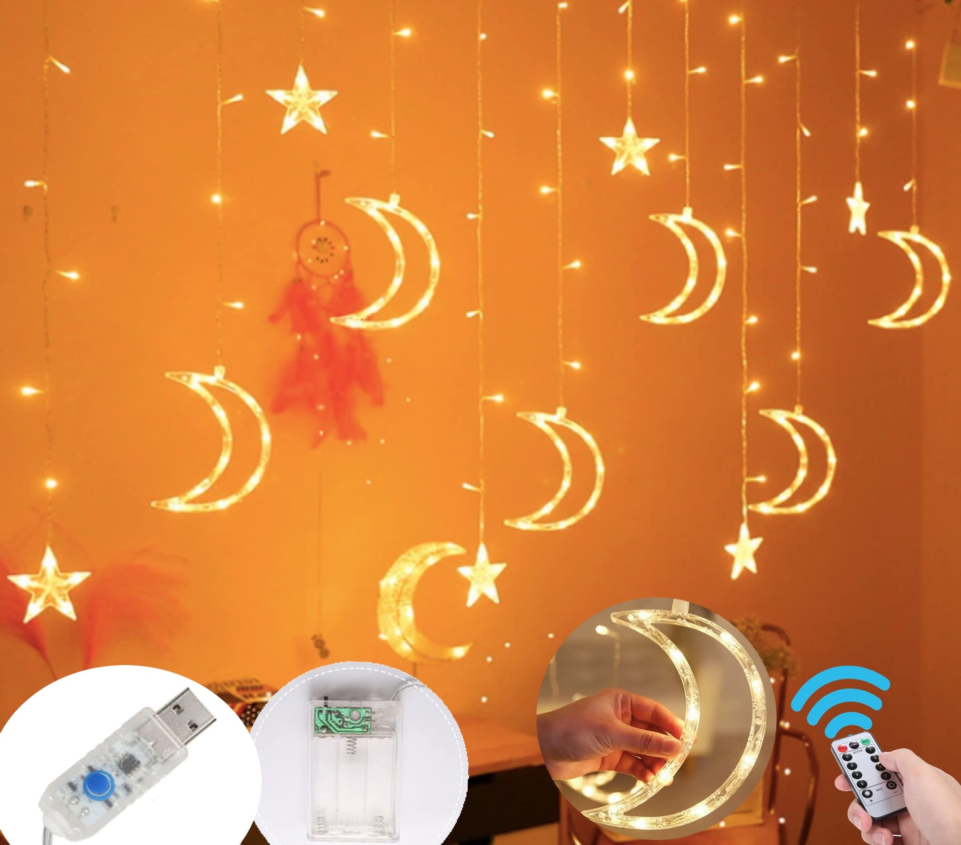 138 LED Moon and Stars Window Curtain Lights with 8 Flashing Modes - Remote Control, Battery & USB Powered Warm White Holiday Decor for Christmas, Bedroom, Party & Wedding Decorations