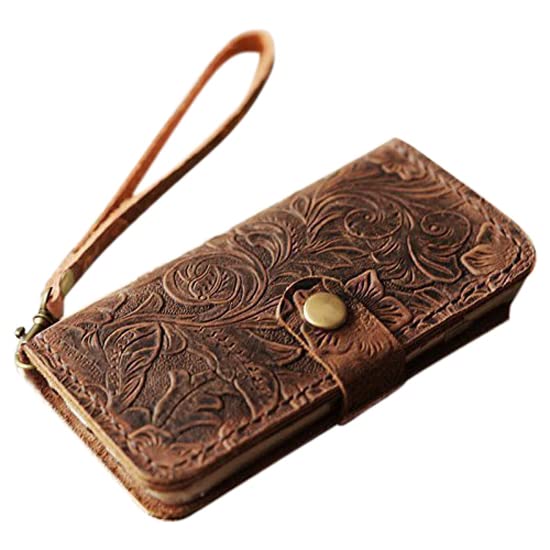 Handmade Leather Wallet Case with Wristlet for iPhone 16/16 Plus/16 Pro/16 Pro Max - Tooled Flower Brown Design | Premium Phone Cover with Card Slots & RFID Protection | Perfect for Daily Use, Travel & Gifts
