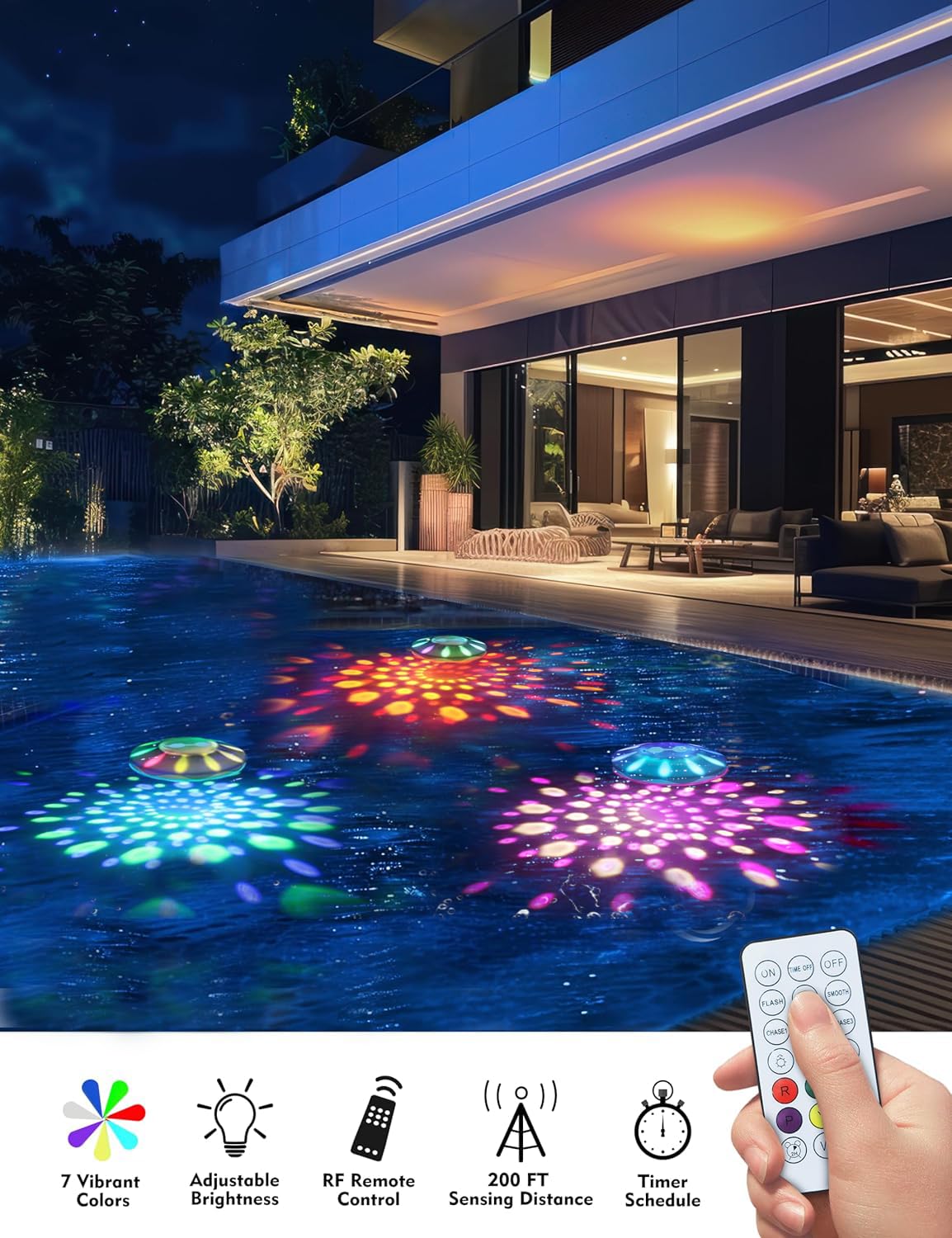Floating Pool Lights with Remote Control - RGB Color Changing LED Lights for Inground Pools, IP68 Waterproof, 6 Dynamic Lighting Effects - Perfect for Diwali Festival, Backyard Parties & Night Swimming (1 Pack)