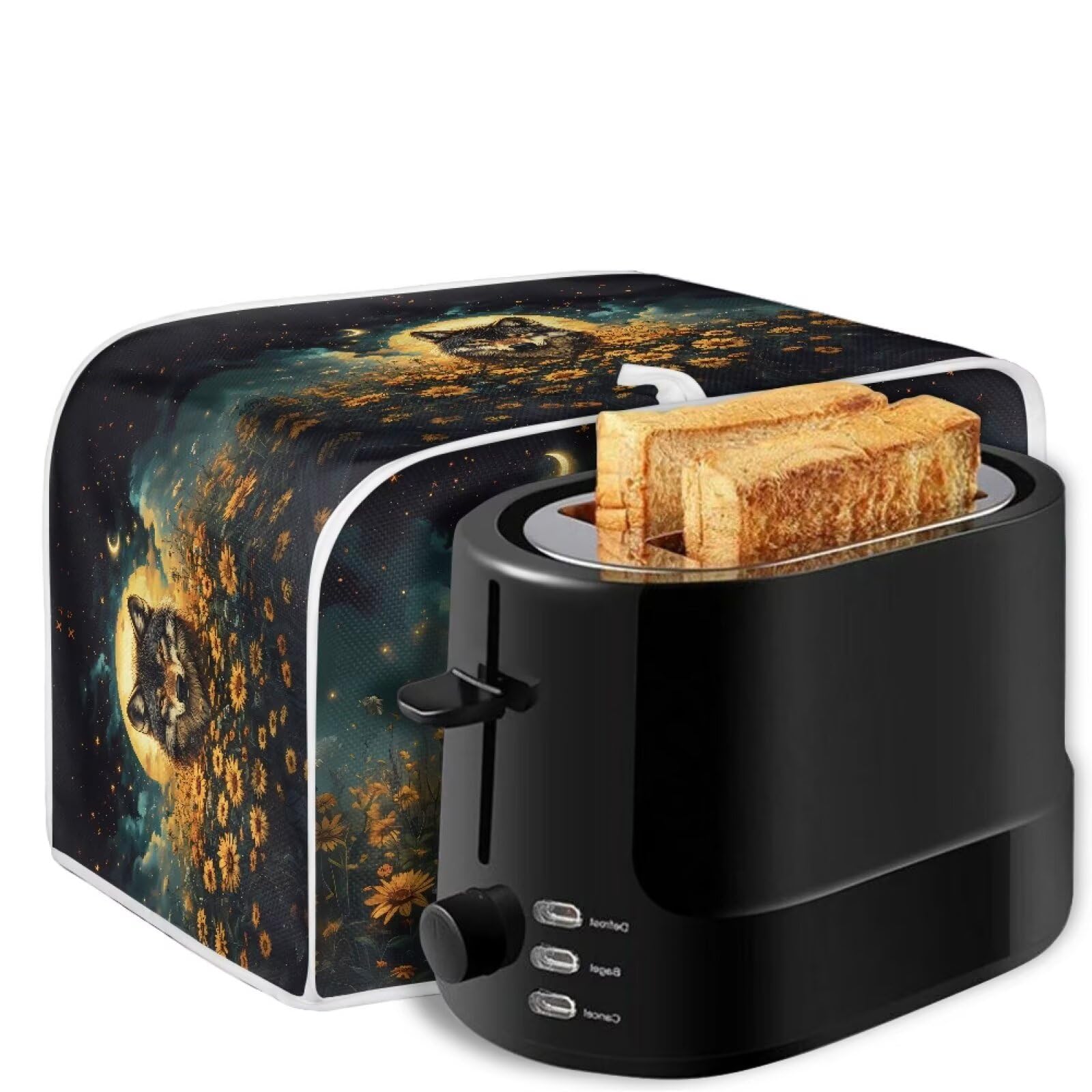 Xoenoiee Wolf Sunflower Moon Galaxy Print 4-Slice Toaster Cover, Bread Maker Cover, Small Kitchen Appliance Protector – Perfect for Toaster Ovens, Coffee Makers & Countertop Decor