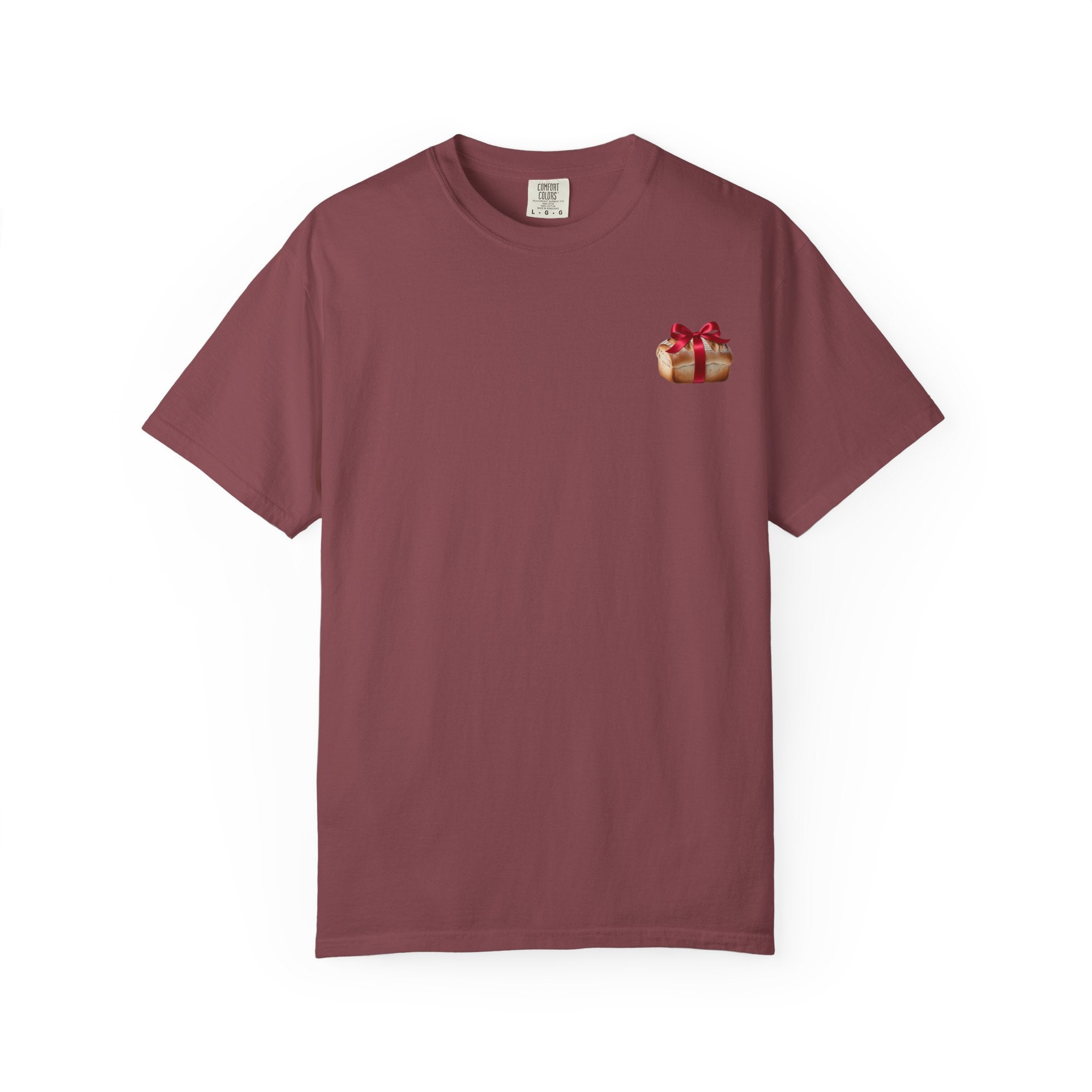 Gift of Love T-Shirt - Unisex Garment Dyed Tee with Heart & Bread Print | Casual Wear, Couples Outfits, Valentine's Day Gift