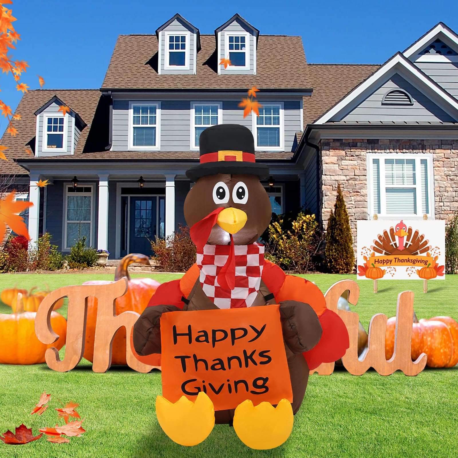 4 FT Pull Banner Turkey Thanksgiving Inflatable Decoration with LED Lights - Outdoor Holiday Yard Decor for Lawn, Garden & Patio - Perfect for Thanksgiving Party, Fall Festival & Family Gatherings