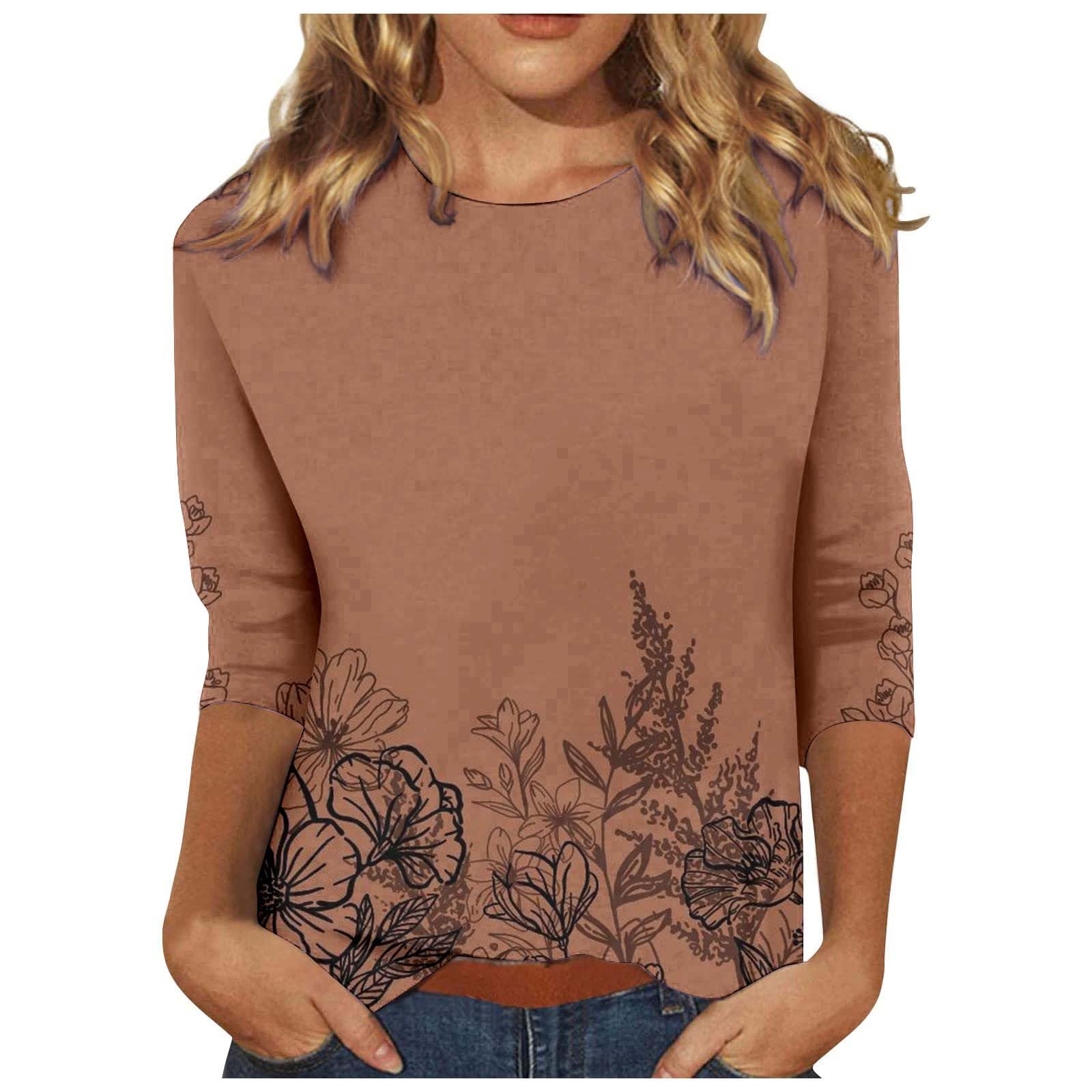 Trendy Women's 3/4 Sleeve Floral Print Round Neck Casual T-Shirts & Graphic Blouses - Daily Lightning Deals & Clearance Sale | Perfect for Work, Weekend Outfits & Summer Fashion