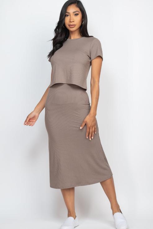 Women's Short Sleeve Ribbed Crop Top & Midi Skirt Outfit Set - Casual Summer Outfits for Women | Perfect for Beach, Date Night & Vacation Wear