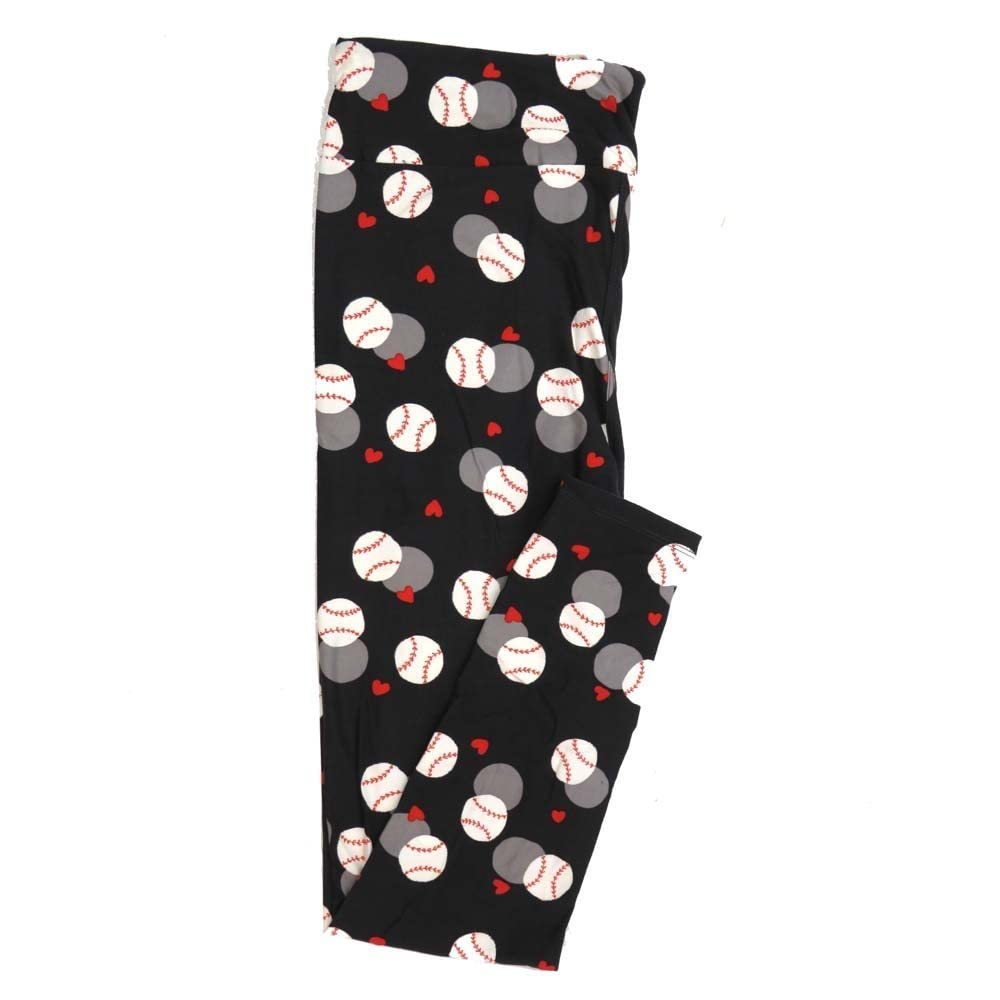 Buttery Soft Women's Leggings - Lularoe One Size (Fits Sizes 2-10) in Light Black, White, Gray & Red Baseball/Heart Print | Comfortable Stretchy Yoga Pants for Workout, Lounge & Everyday Wear