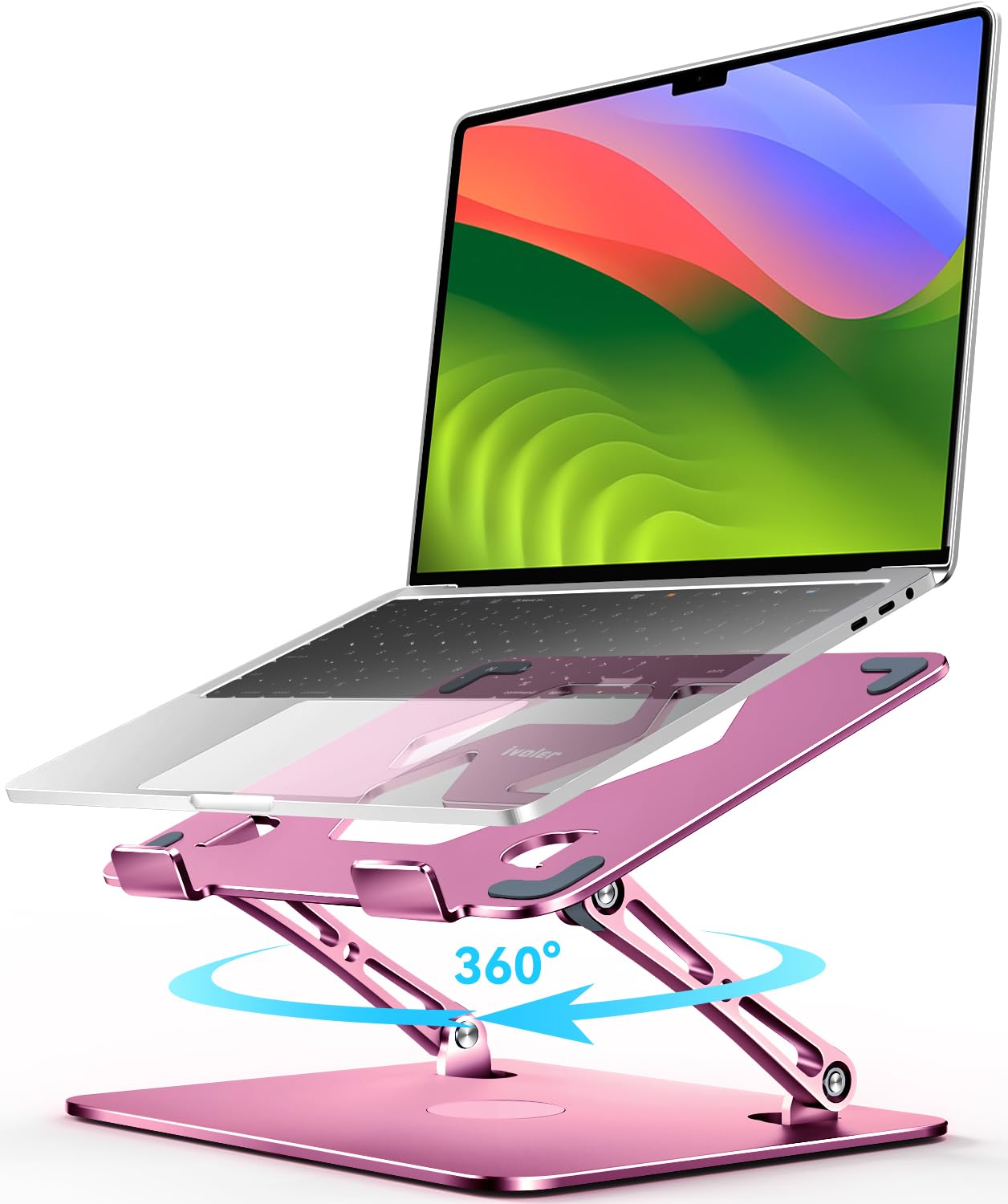 iVoler Adjustable & Foldable Laptop Stand with 360° Rotating Base - Ergonomic Portable Laptop Riser for MacBook, Dell, HP Up to 16 inches - Perfect for Office, Home & Travel Workspaces [Pink]