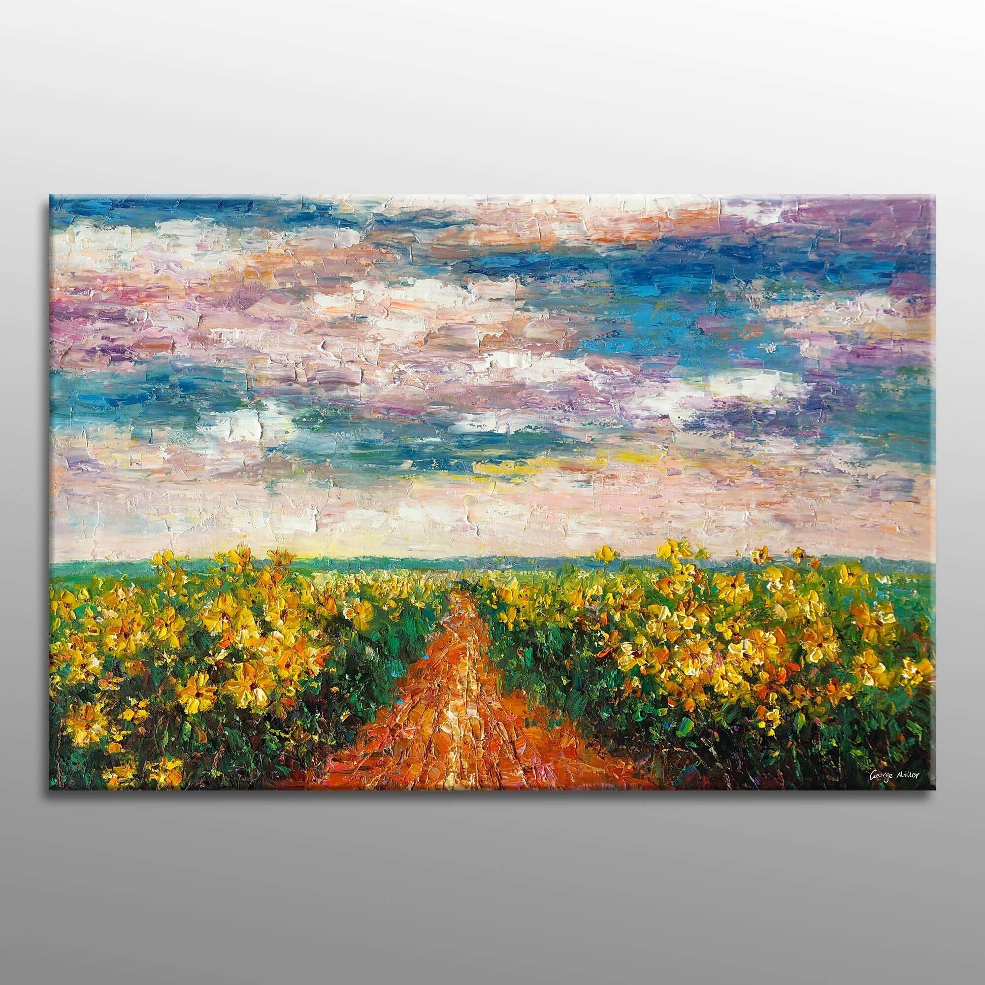 Vibrant Sunflower Field Oil Painting by George Miller - Handmade Palette Knife Artwork, Ready to Hang Wall Decor for Living Room, Bedroom & Office