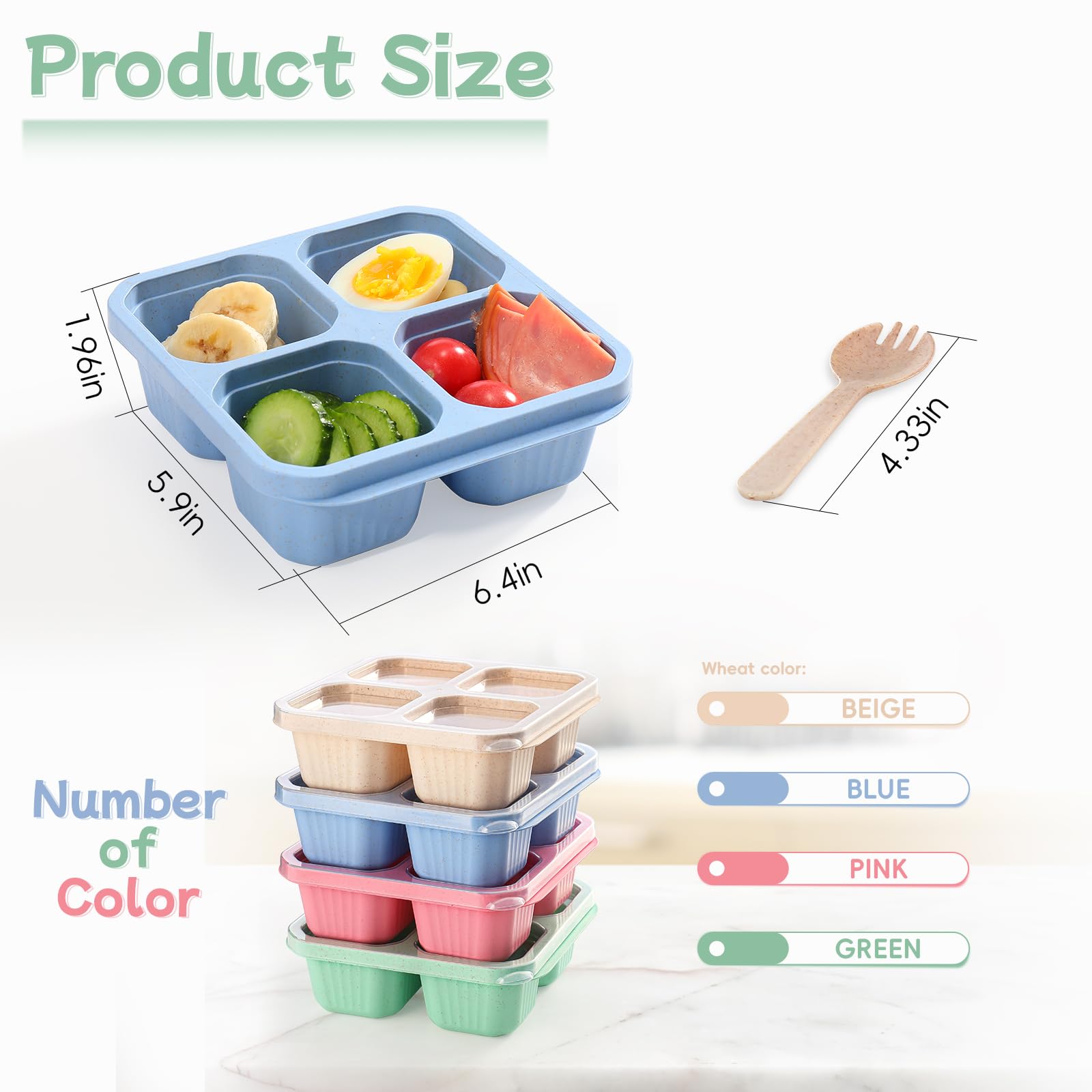 DIMBRAH 4-Pack Reusable Snack Containers with 4 Compartments - Bento Lunch Box for Adults & Kids - Leakproof Food Storage Containers for Work, School, Travel & Picnics - Includes Forks (Perfect for Meal Prep & On-the-Go Snacks)