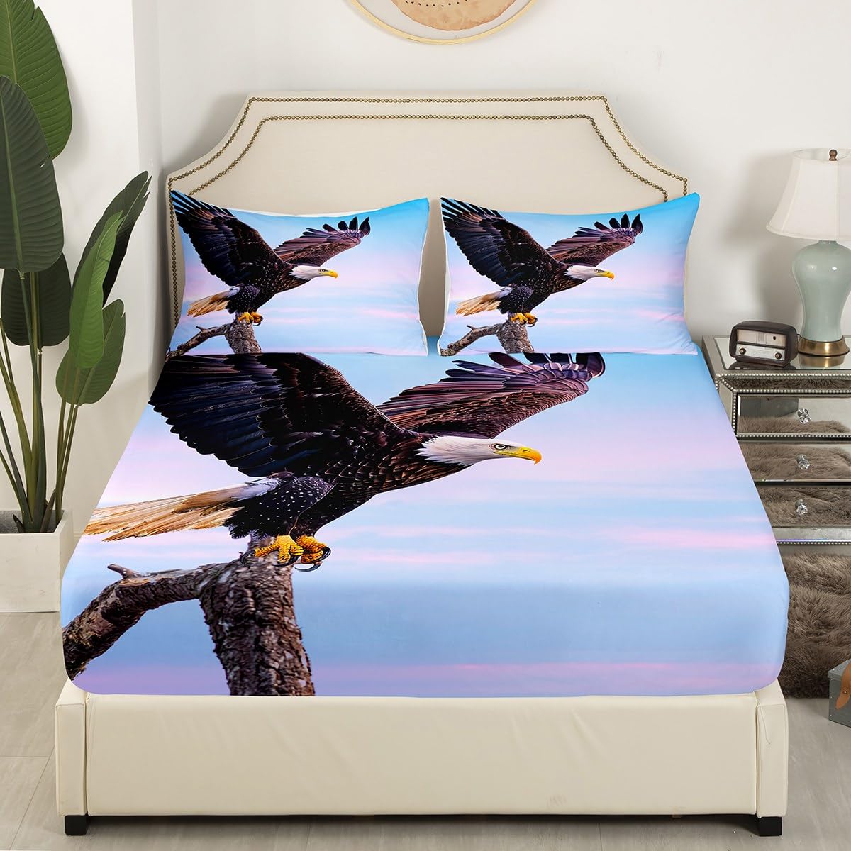 Manfei Eagle Fitted Sheet Set - Flying Eagle Tree Stump Print Microfiber Bedding for Kids & Boys (2pc: Twin Fitted Sheet + Pillowcase) - Animal Theme Bed Sheets for Cozy Kids' Room & Sleepovers