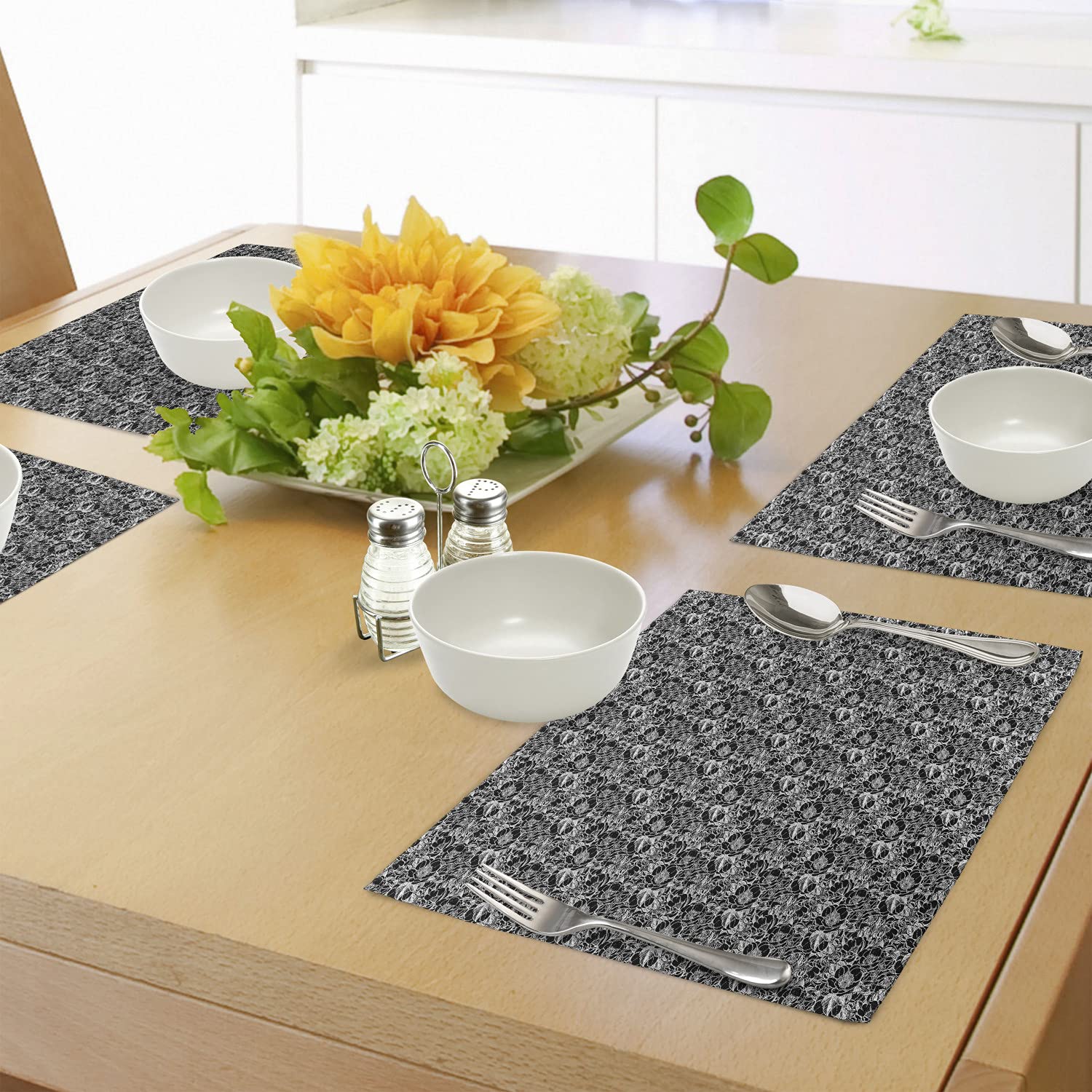 Ambesonne Floral Place Mats Set of 4 - Monochrome Peony Flowers Design, Washable Fabric Table Mats for Dining Room & Kitchen Decor in Charcoal Grey & White | Perfect for Dinner Parties, Holiday Gatherings & Everyday Meals