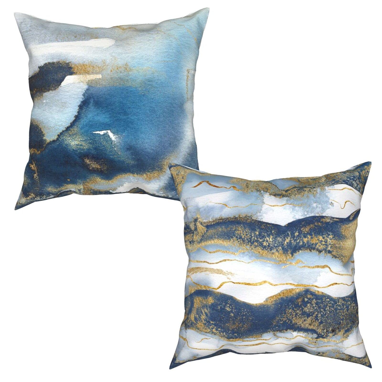 Abstract Ocean Wave Throw Pillow Covers 18x18 Inches Set of 2 - Blue White & Gold Watercolor Textured Pillow Cases for Sofa, Couch, Bed - Indoor/Outdoor Decorative Square Pillow Covers - Perfect for Coastal, Beach House & Boho Home Decor